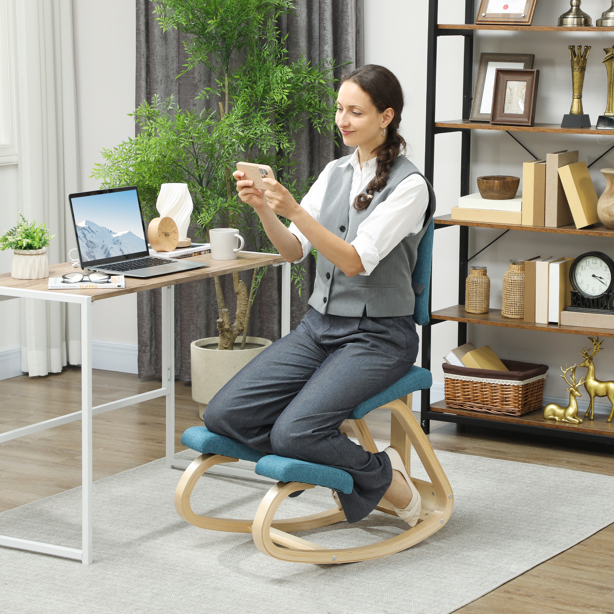  Sedia Inginocchiatoio Dondolante in Tessuto Effetto Lino e Legno di Betulla, 51x84x93 cm, Marrone Scuro [1]