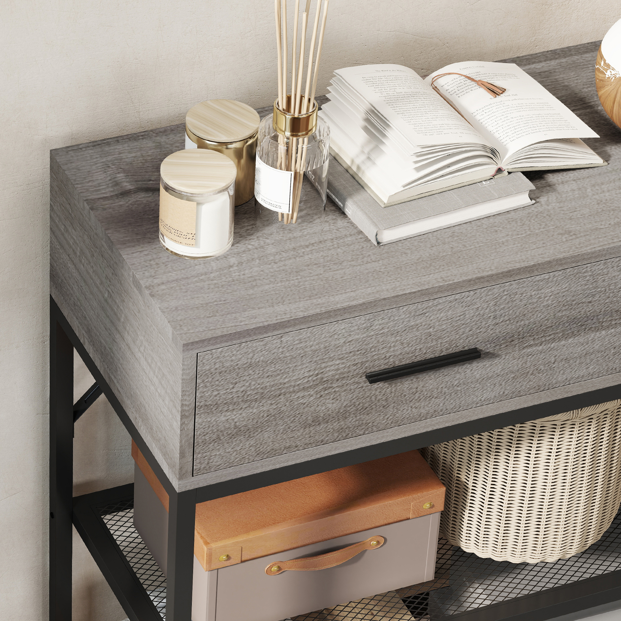  Consola de Intrare cu 2 Sertare, 2 Rafturi din Plasa si Carlig Lateral, Consola in Lemn si Metal, Masuta de Intrare pentru Dormitor, 100x35x92 cm, Gri Deschis [8]