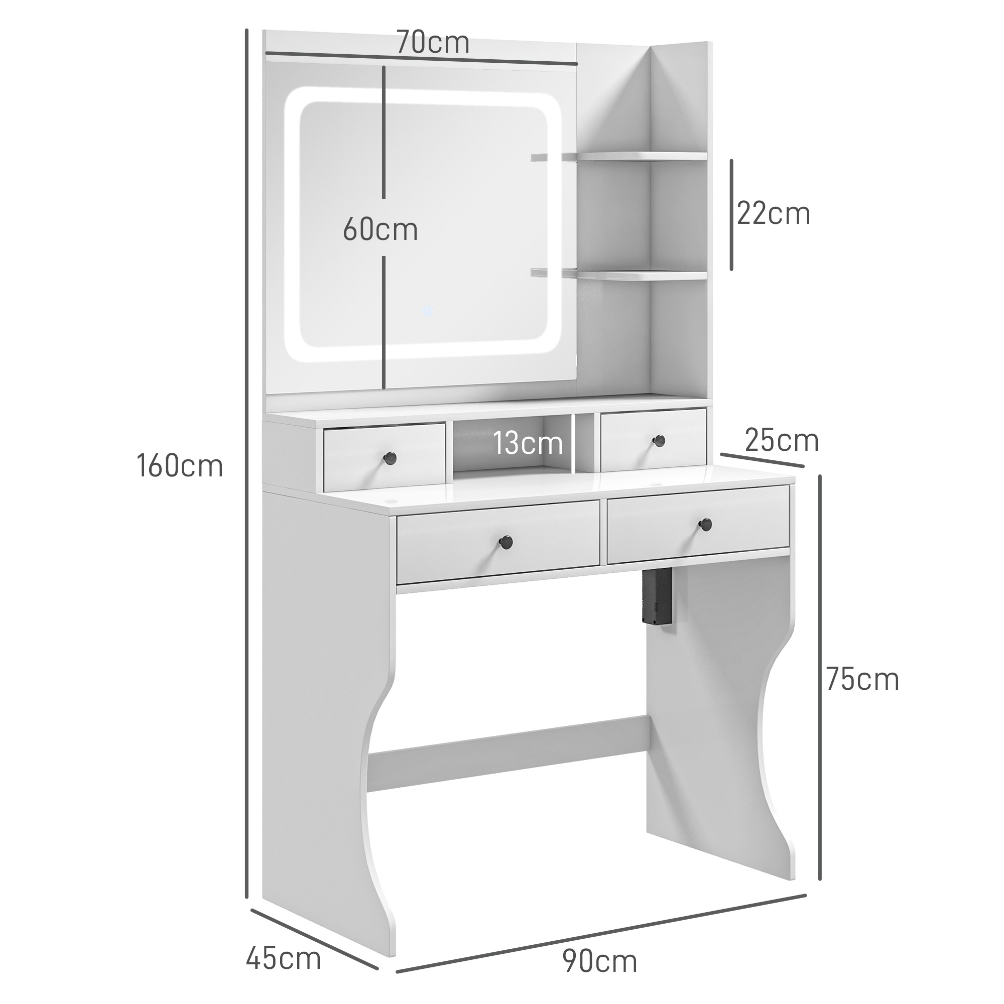  Masa de Toaleta cu Oglinda Iluminata LED, Masa de Machiaj cu Statie de incarcare, 4 sertare si rafturi de depozitare, 90x45x160 cm, Alb [2]