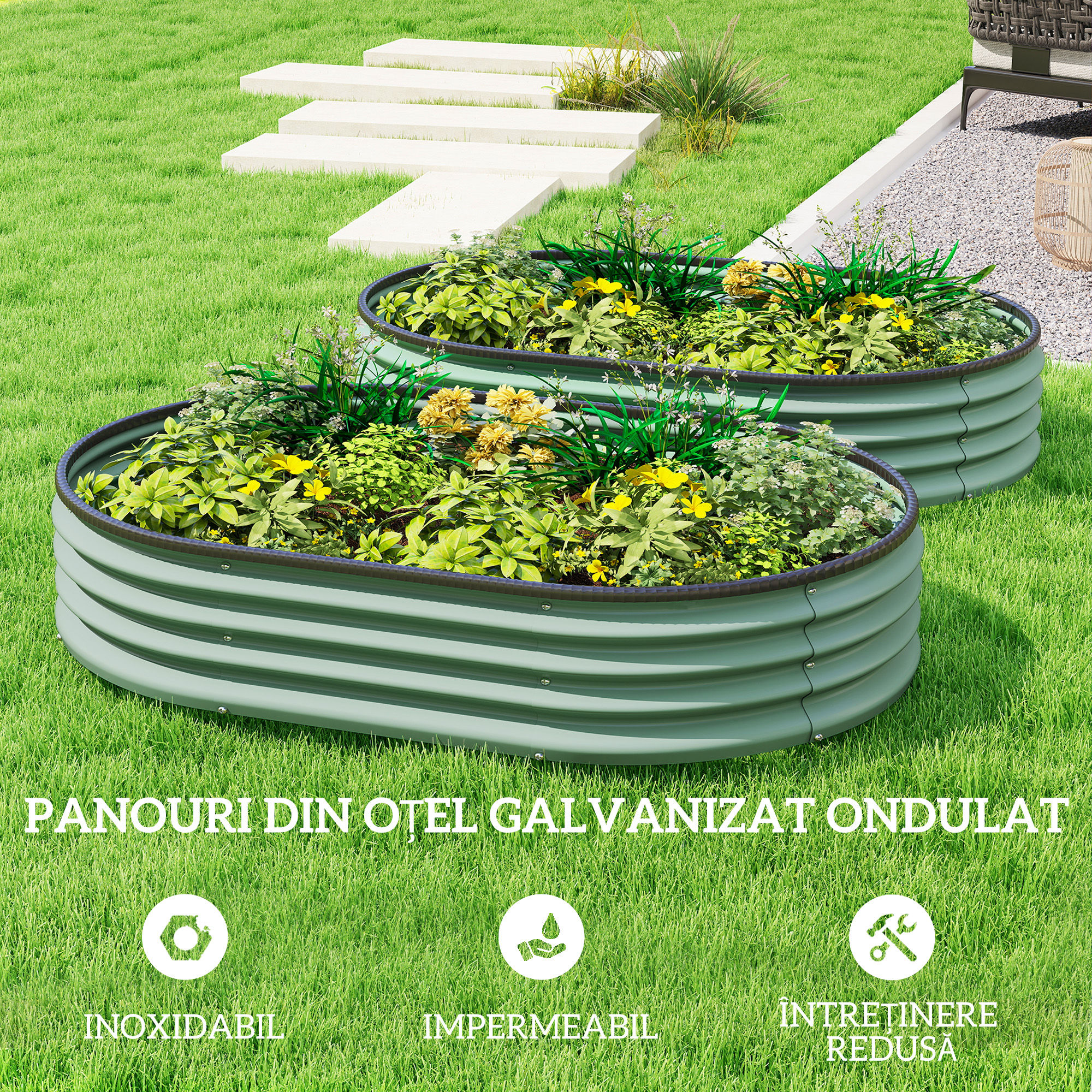  Set de 2 Straturi de Gradina Modulara, Paturi Ridicate cu Margine din Cauciuc, Baza Deschisa, Straturi din Otel Zincat pentru Plante Aromatice, Fructe, Legume si Flori, 135x90x30 cm, Verde [4]