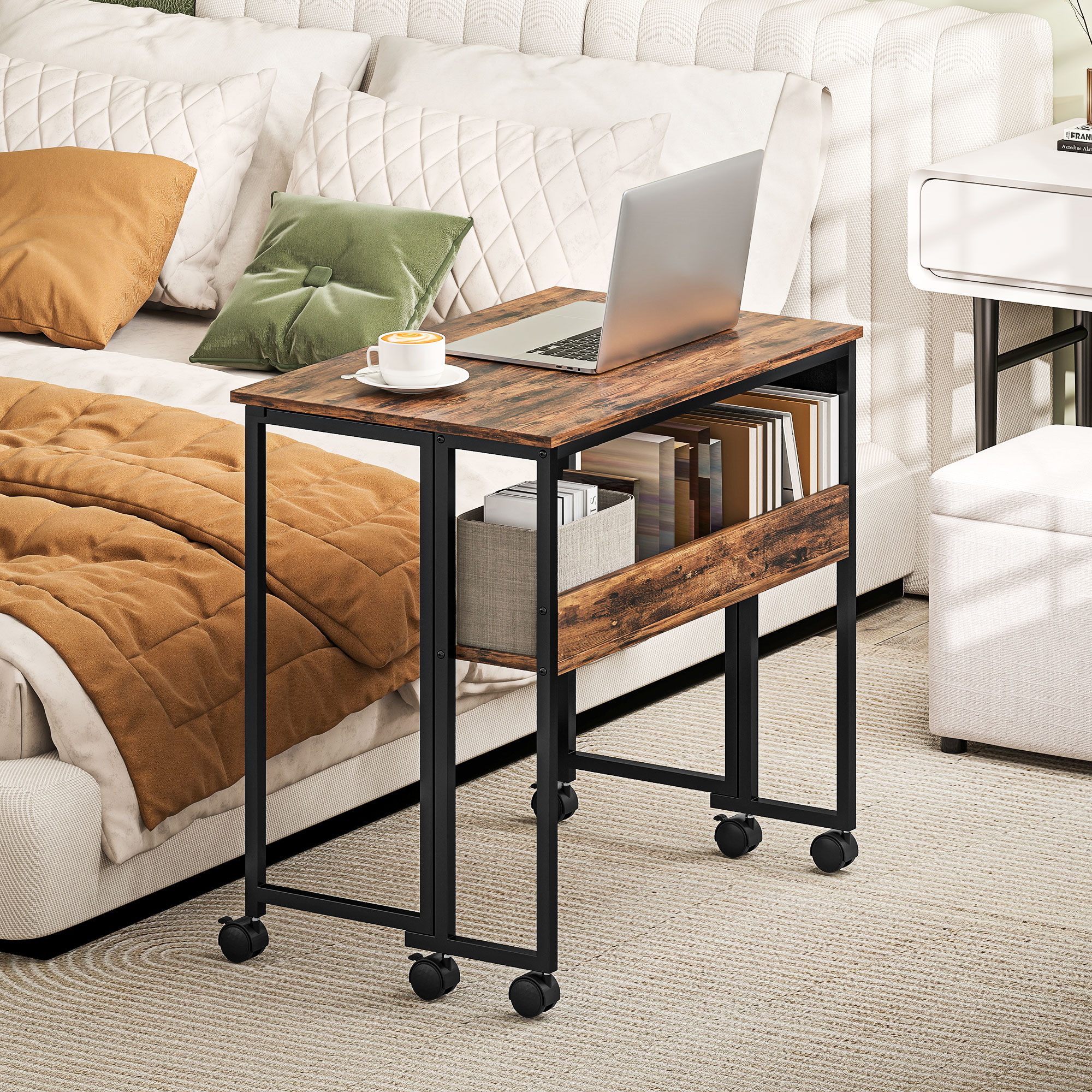  Birou Pliabil cu Raft Deschis si Buzunar Lateral, din Lemn si Otel, 80x50x75 cm, Maro si Negru [6]