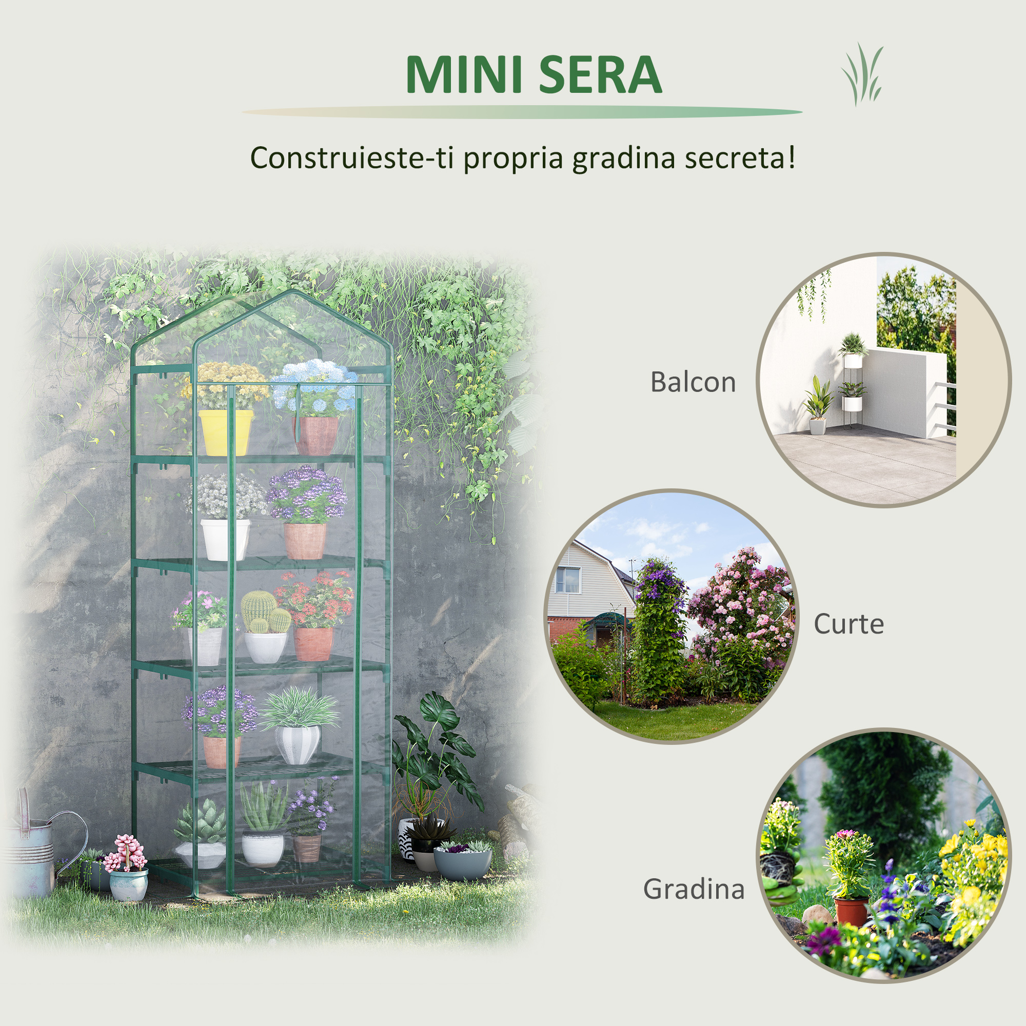  Mini Sera pentru Plante cu 5 Etajere din Otel cu Copertina din PVC, 69x49x193cm [5]
