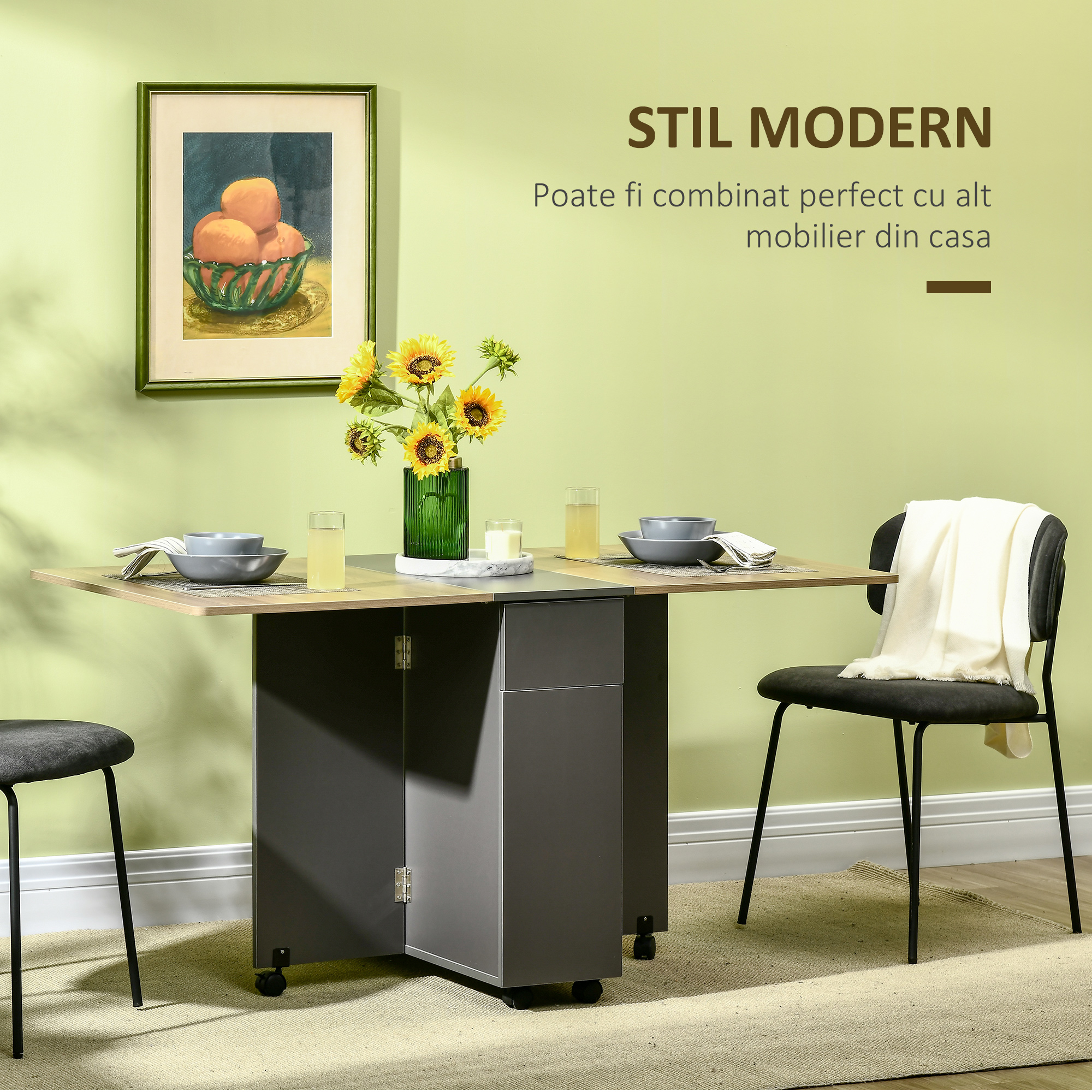  Masa Pliabila Sufragerie - 140×76×76 cm, Cu Dulap, Sertare & Roti [3]