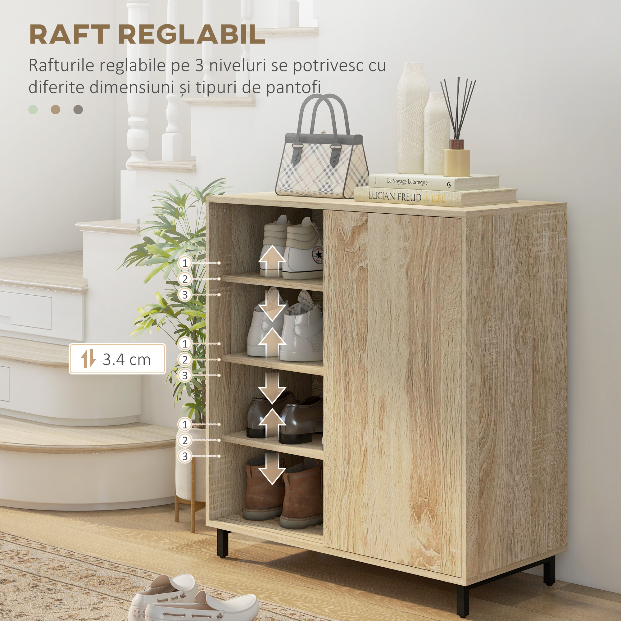  Dulap pentru Pantofi pe 4 Niveluri din PAL si Otel cu Usa Glisanta si Rafturi Reglabile, 80x40x93 cm, Lemn Natural [4]