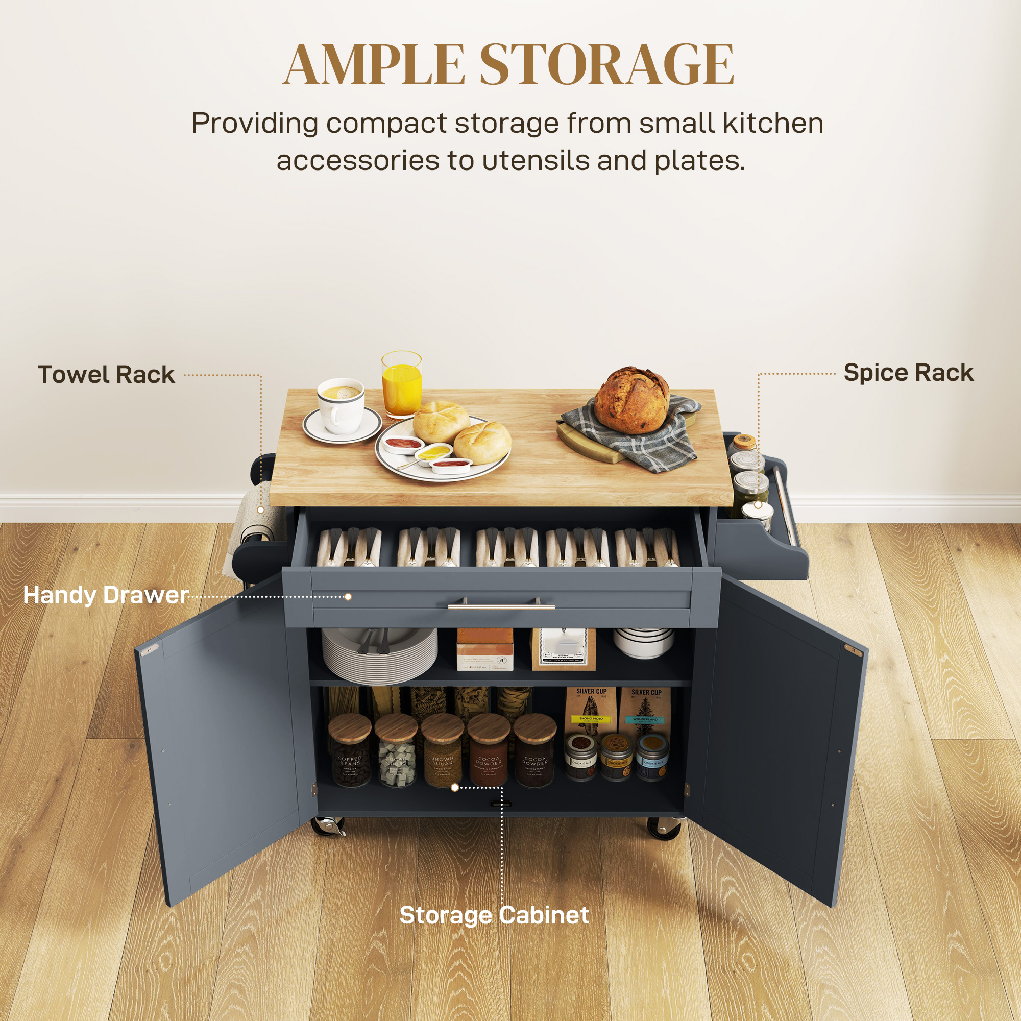  Carucior Multifunctional de Bucatarie cu Sertar, Roti, Suport pentru Condimente si Dulapior, 109x40x89 cm, Gri [3]