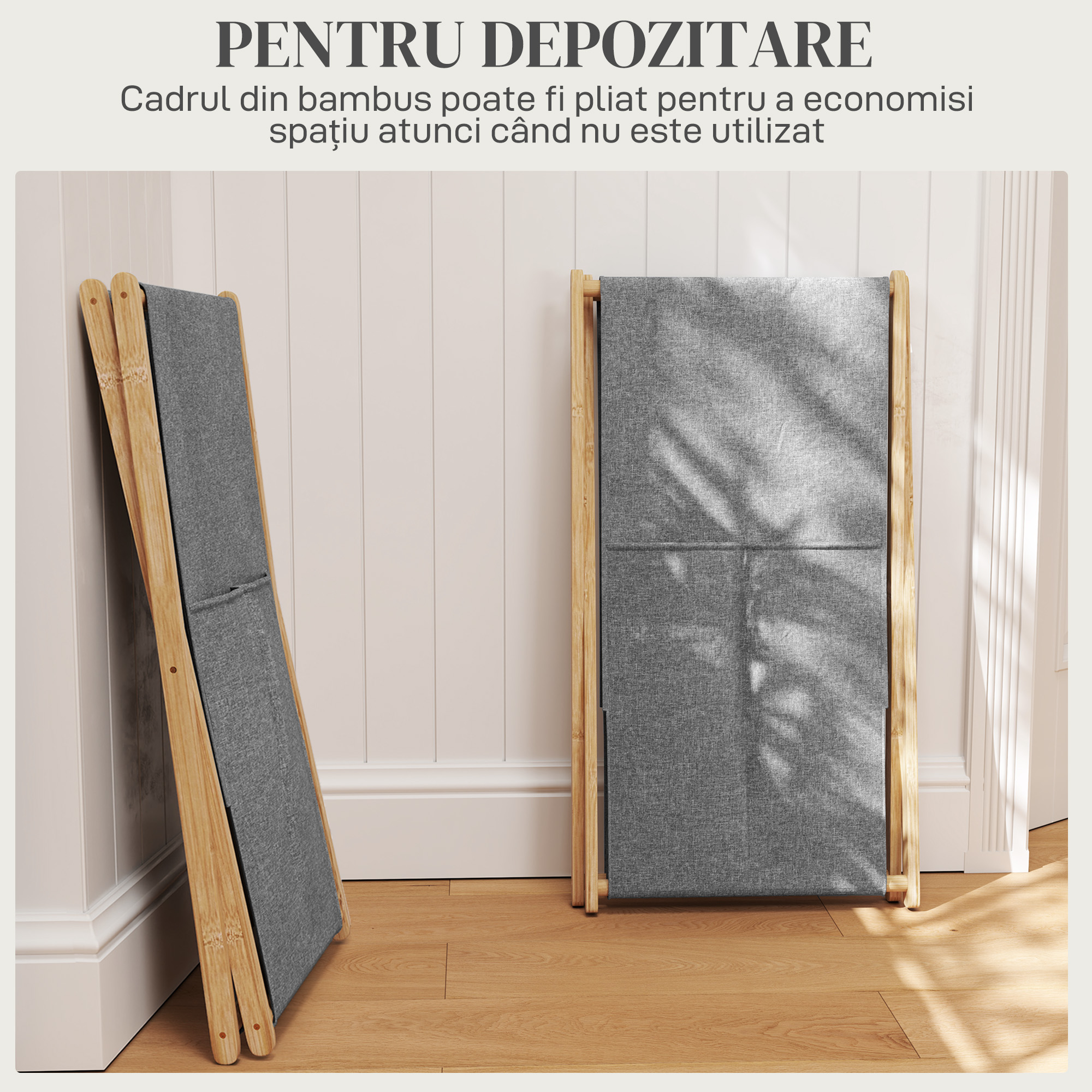 Cos Pliabil pentru Rufe 55L din Material Textil si Cadru din Bambus pentru Camera si Spalatorie, 41x41x64 cm, Gri [4]