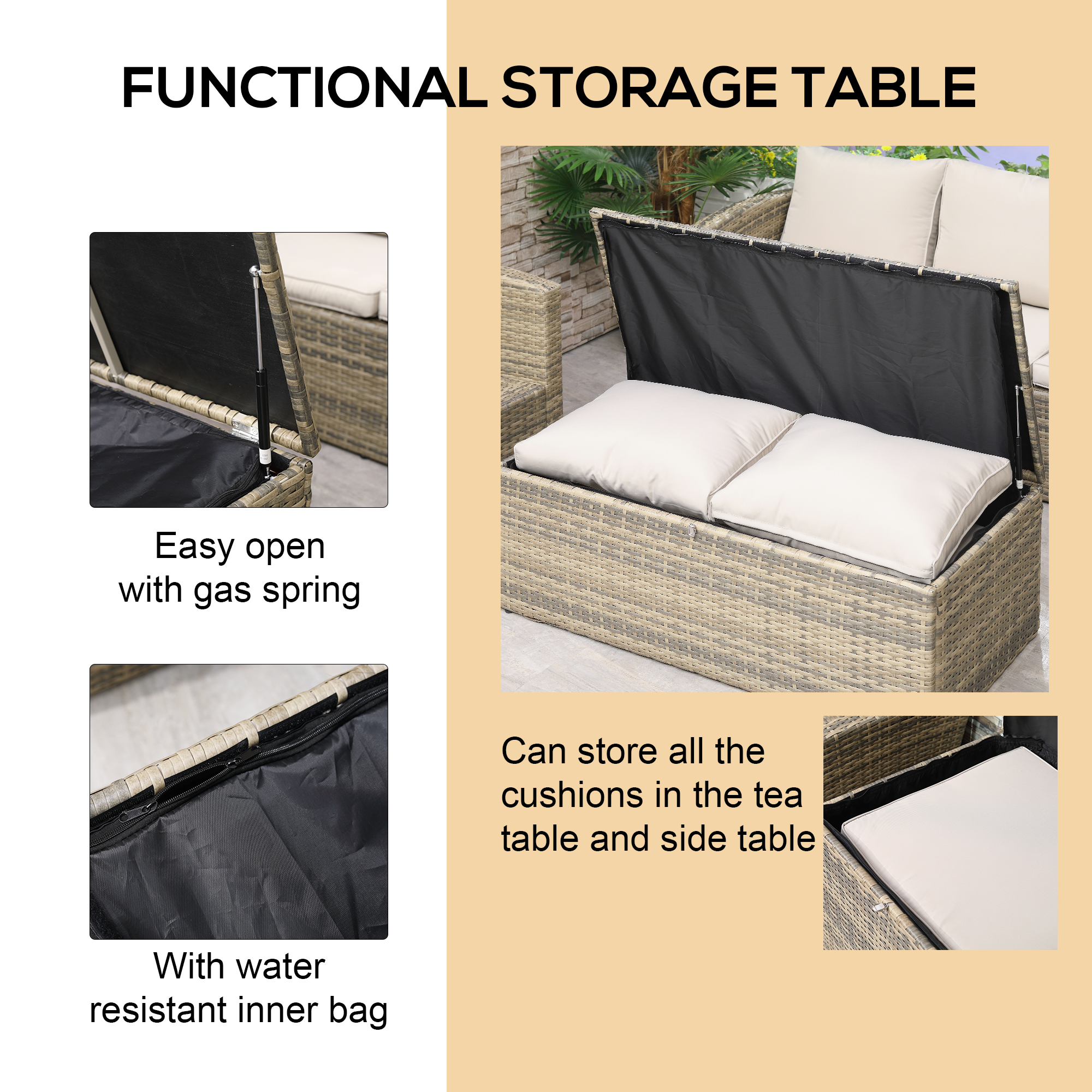  Set de mobilier de gradina din ratan de 6 piese, canapea si 2 fotolii tapitate pentru 7 persoane, bej [3]