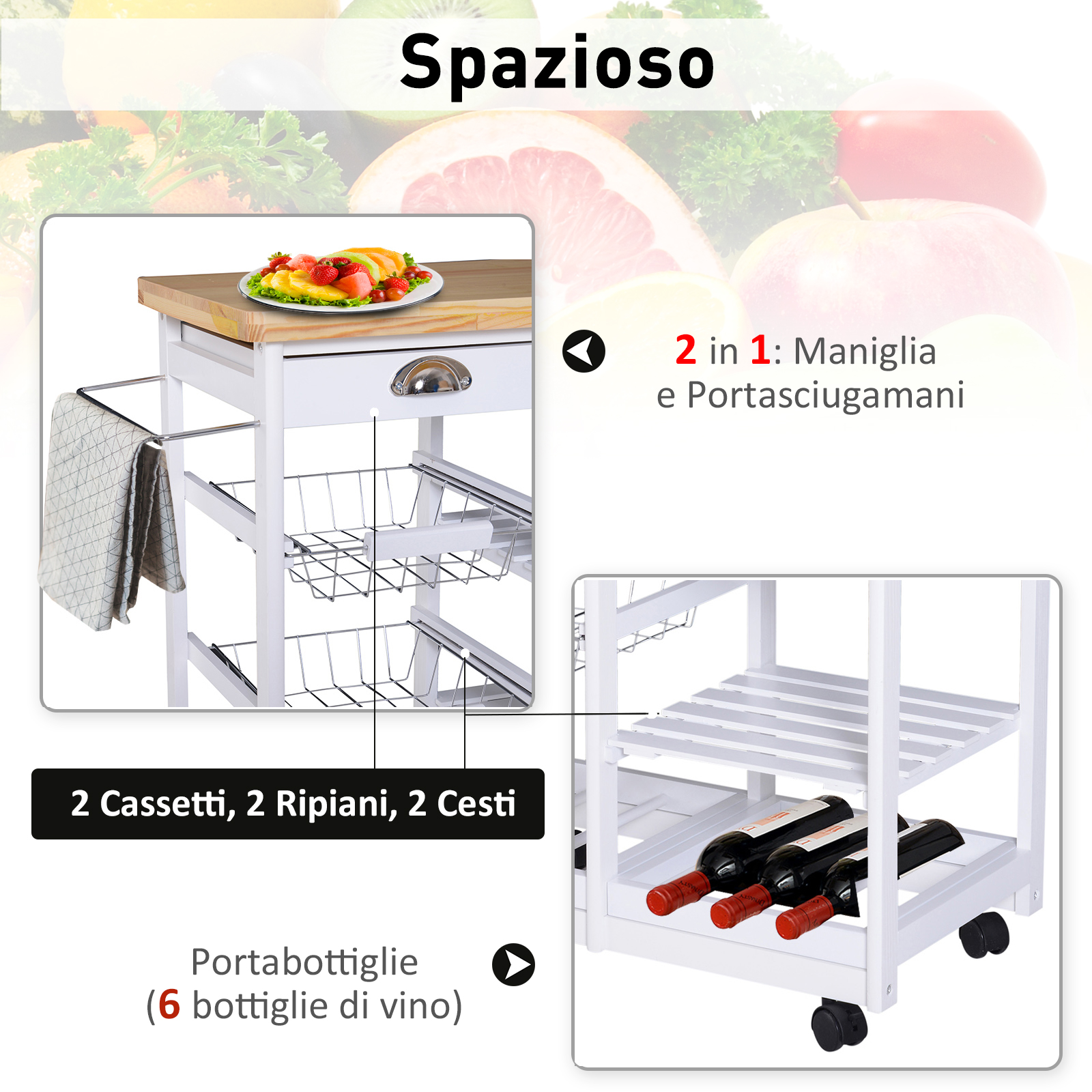  Carucior pentru Bucatarie cu Sertare si Suport Sticle Lemn si Alb [3]