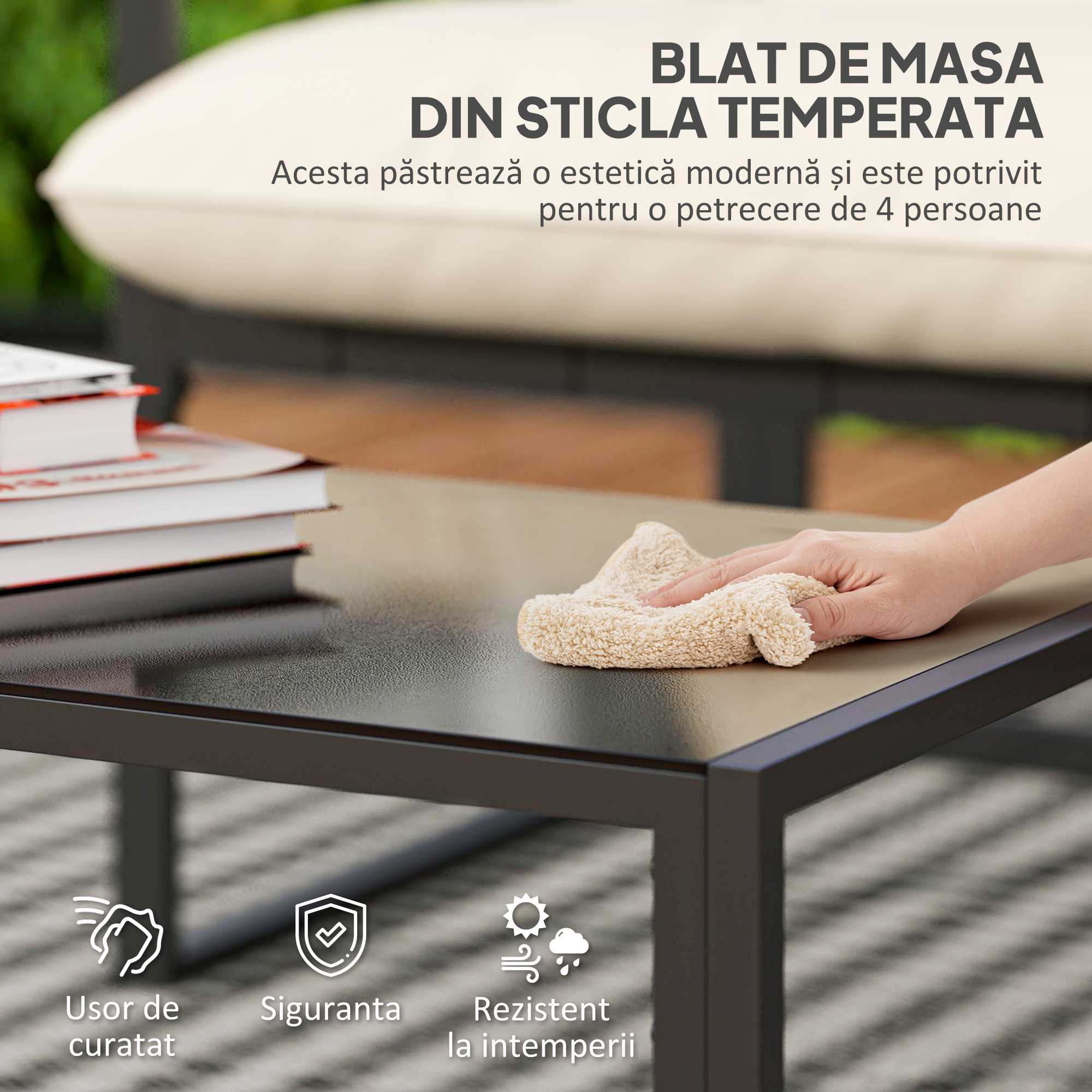  Set de Mobilier de Gradina din 4 Piese cu Canapea, 2 Fotolii si Masuta, din Otel, Poliester si Bumbac PP, Bej si Gri [4]