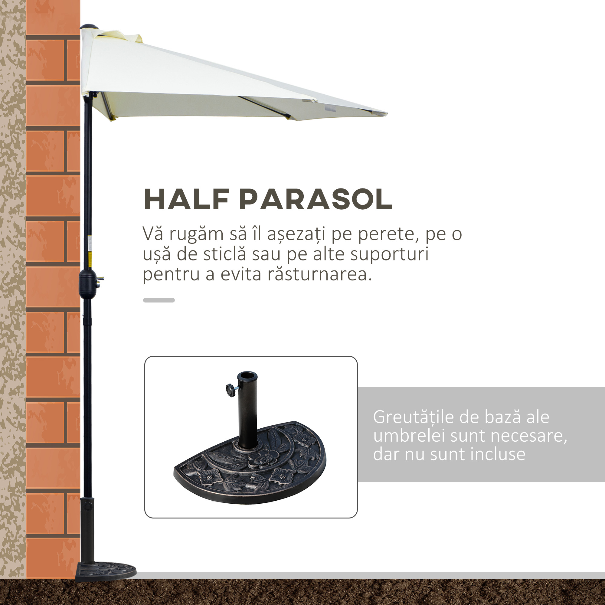  Umbrela de terasa in forma de semiluna cu deschidere manuala si stalp in 2 sectiuni, 2.6 x 1.35 m, bej [3]