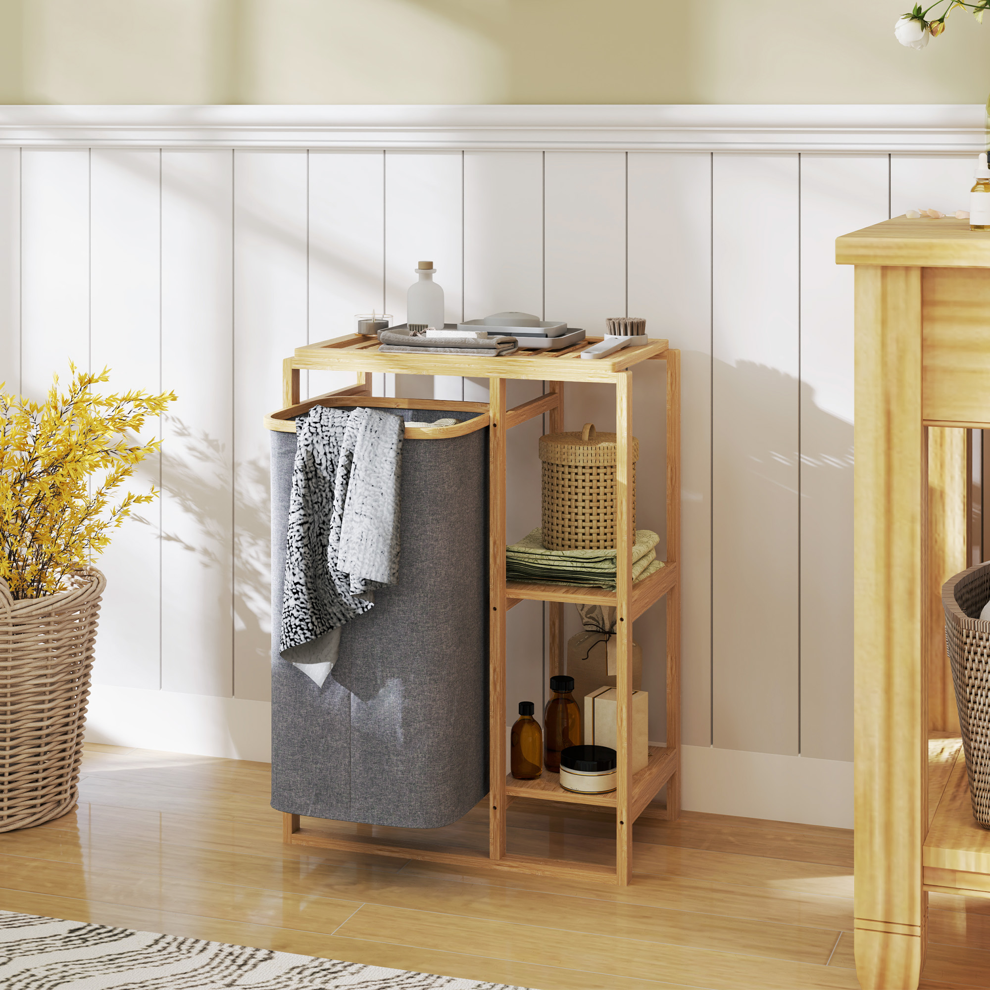  Cos Portabil Rufe cu Sac & Raft Bambus 50×32×70 cm - Gri [1]