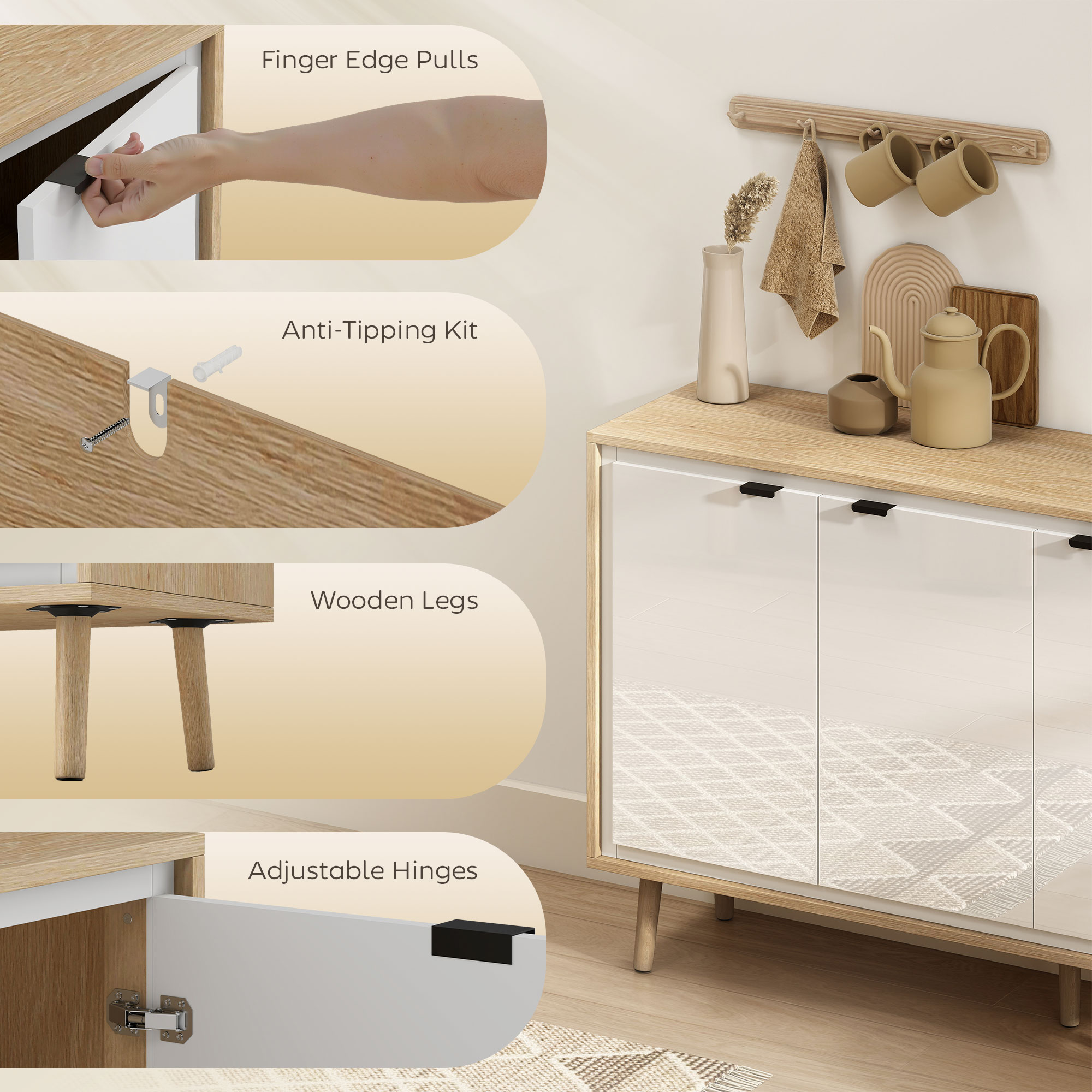  Bufet Modern cu 3 Usi si Raft Reglabil 107x35x77cm Alb si Stejar [5]