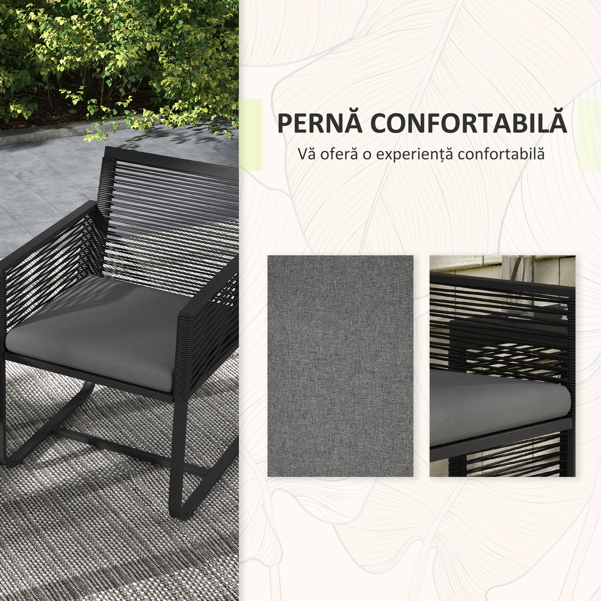  Set de Mobilier de Gradina din 3 Piese din Ratan, Set cu Masa din Sticla Securizata si Perne Moi, 53x57x77 cm, Negru [4]