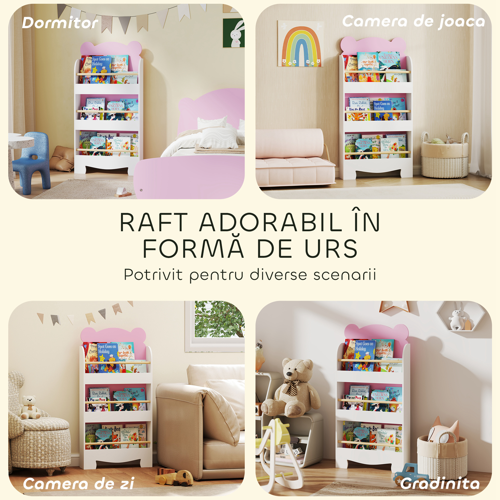  Biblioteca pentru Copii 3 Rafturi in Forma de Ursulet 55x15x110 cm, Roz [6]