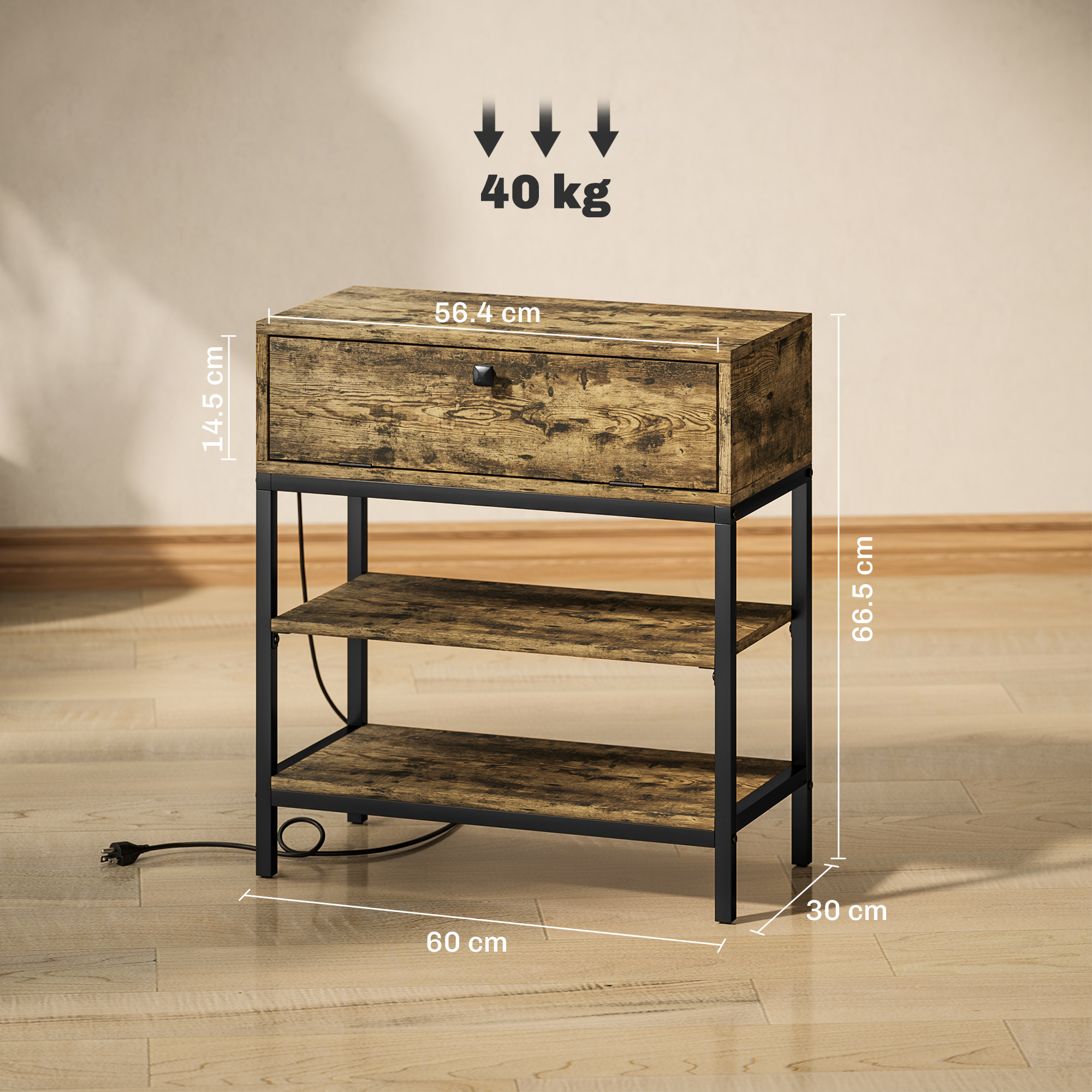  Masuta de Canapea cu Sertar si 2 Rafturi in Stil Industrial, din Lemn si Metal, 60x30x66.5 cm, Negru si Maro [2]