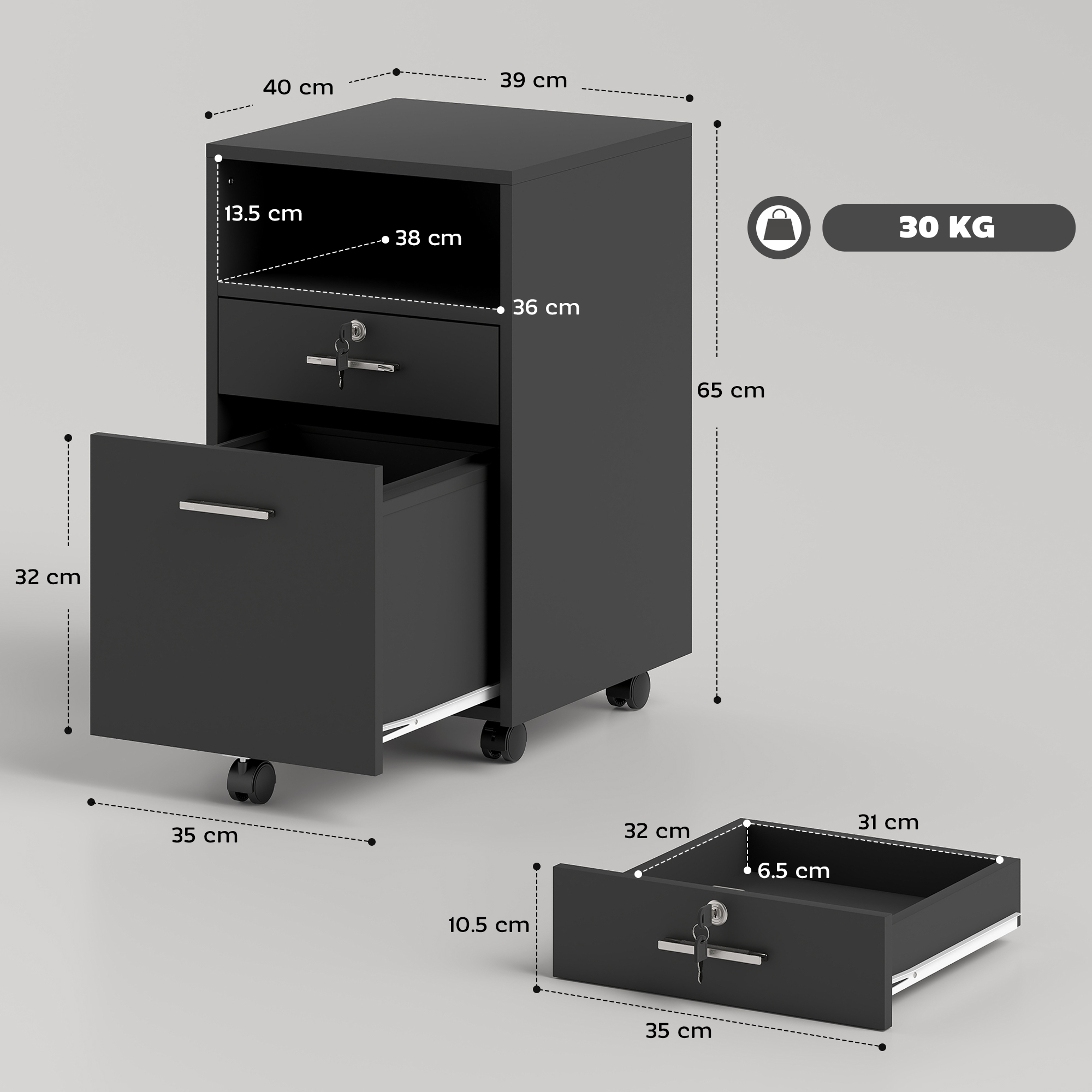  Comoda de Birou cu 2 Sertare si Raft Deschis, Mobilier cu 5 Rotile, incuietoare si 2 Chei, 39x40x65 cm, Negru [2]