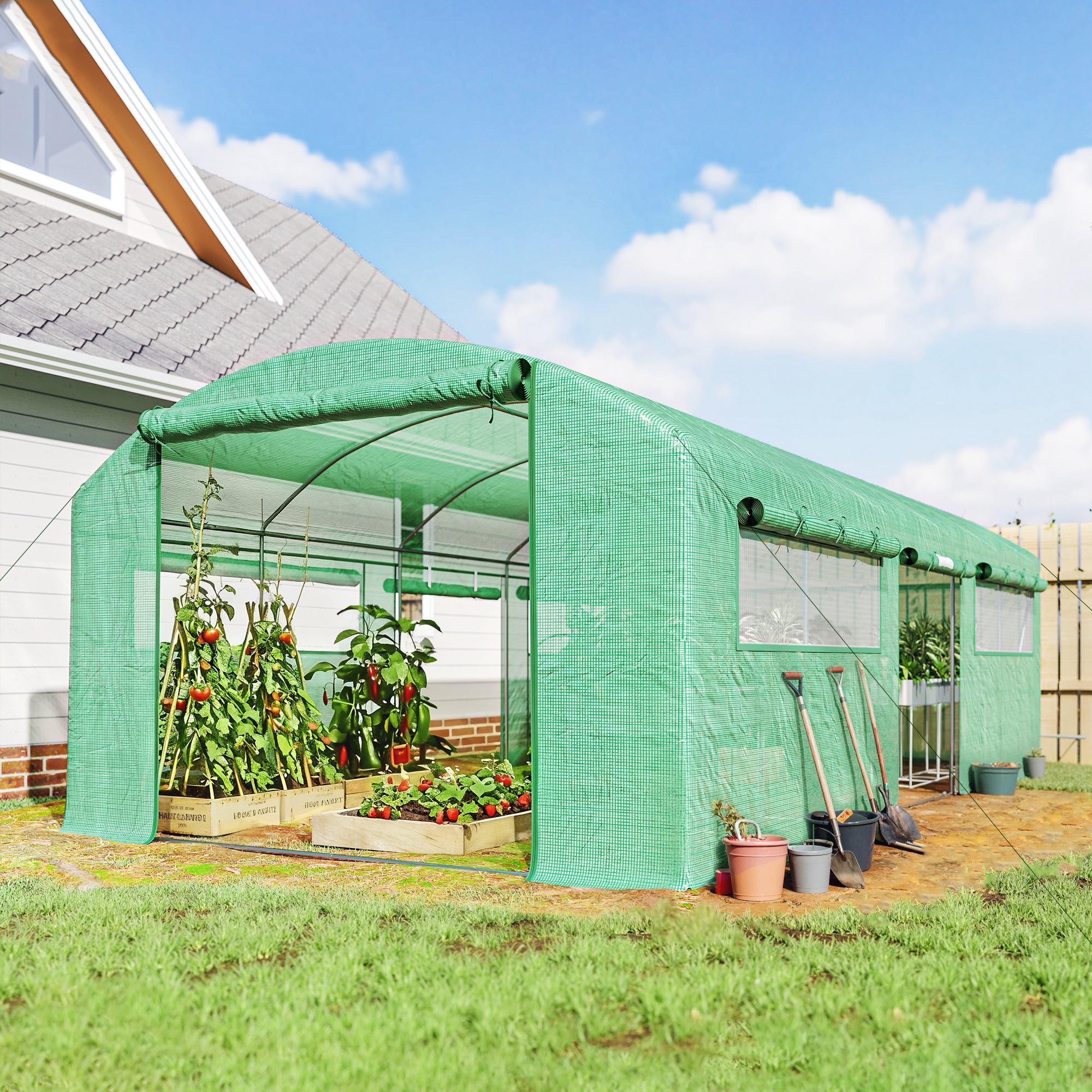  Sera tip tunel cu 3 usi rulabile si 6 ferestre, din otel galvanizat si PE, 6x3x2 m, verde [1]