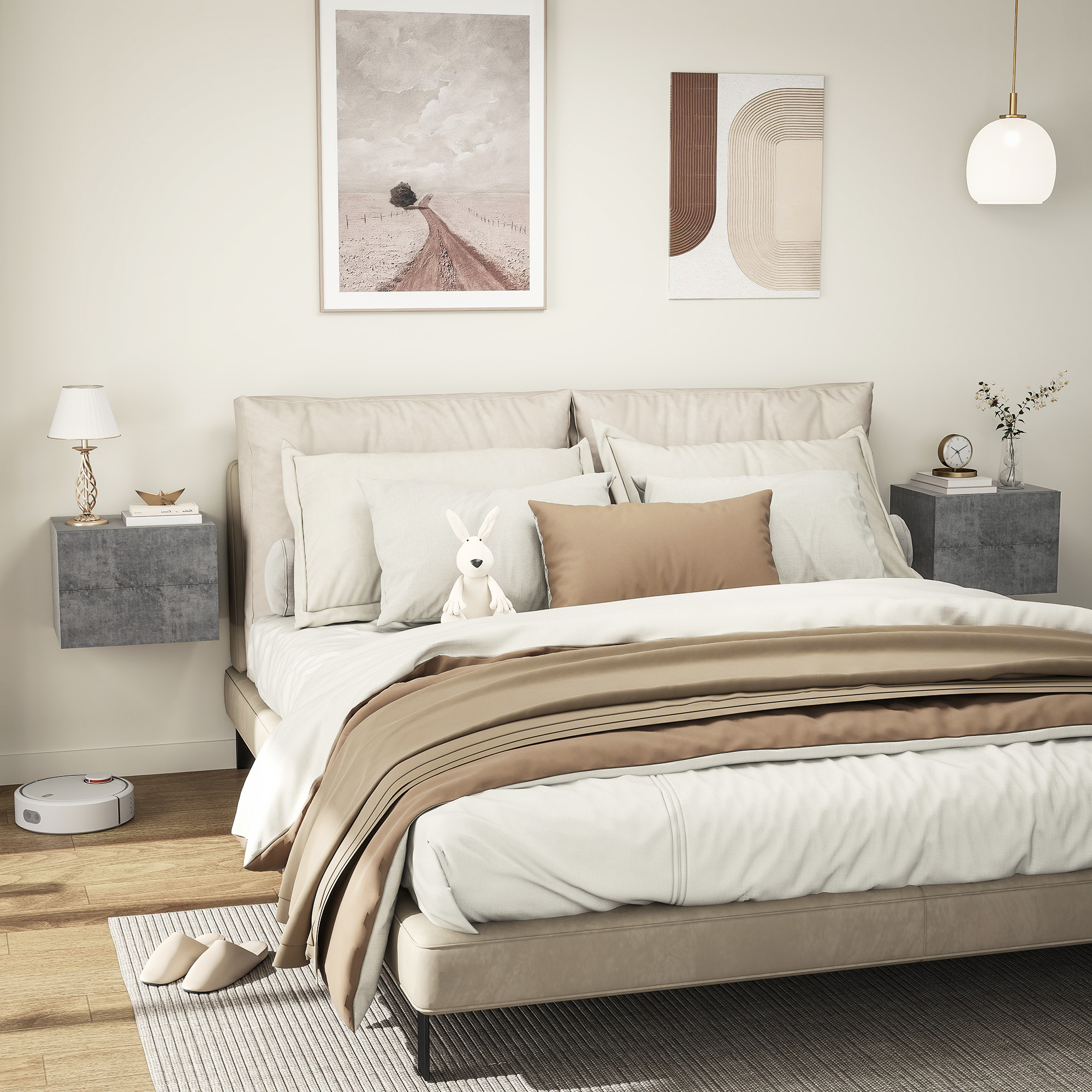  Set de 2 Noptiere Suspendate cu 2 Sertare, 40x29x30 cm, Gri [1]