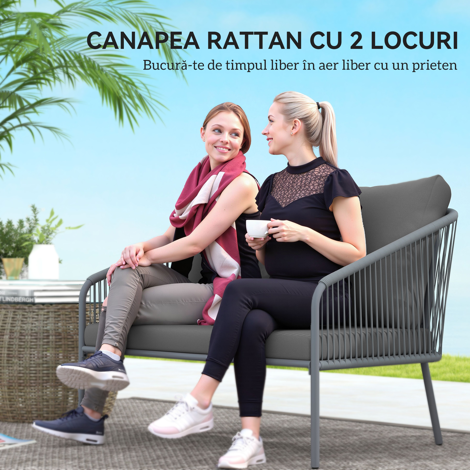  Canapea de Gradina cu 2 Locuri, Perne Detasabile, Brate si Cadru din Otel, 112x72x76 cm, Verde [3]