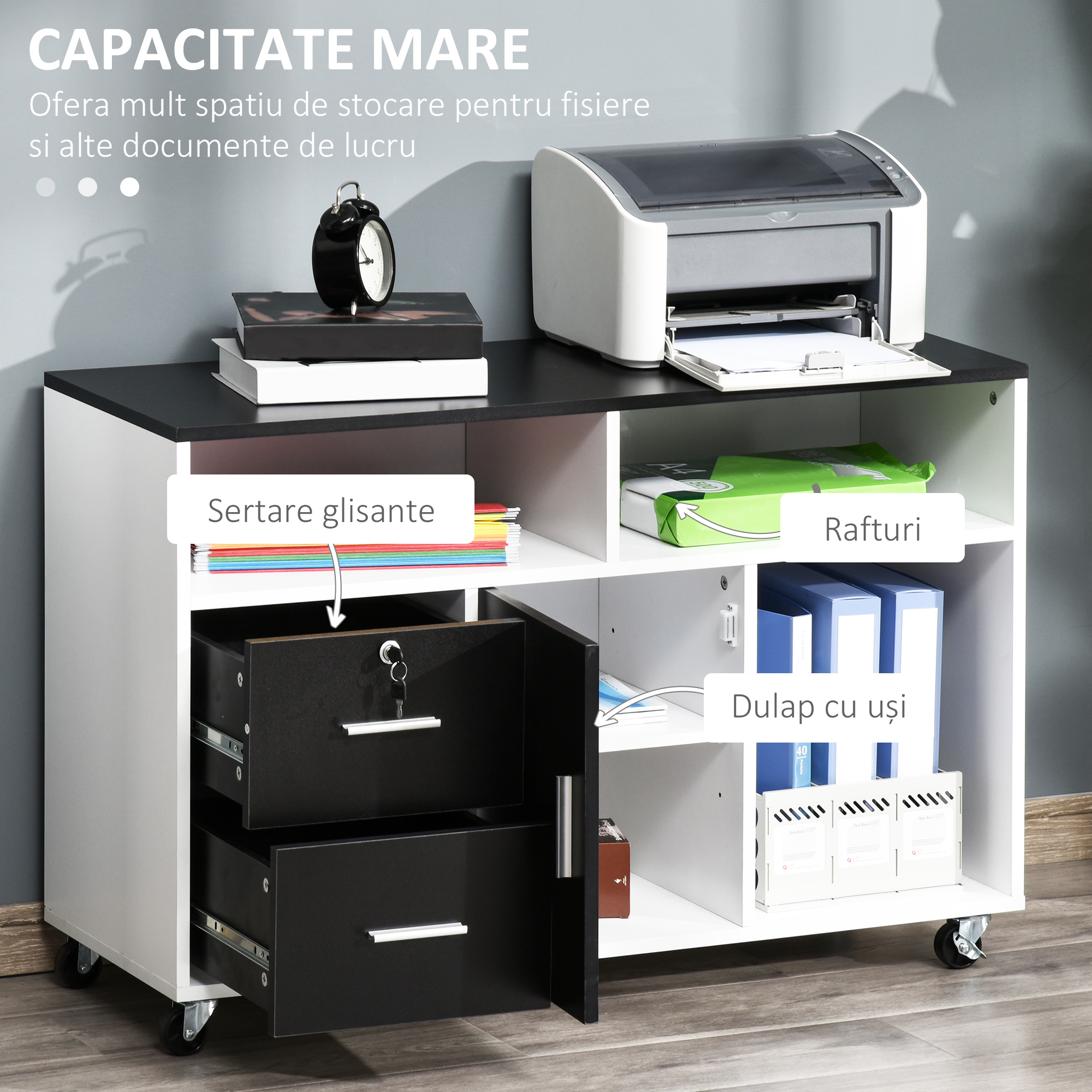 Suport Imprimanta, Mobilier Negru si Alb cu Sertare [3]