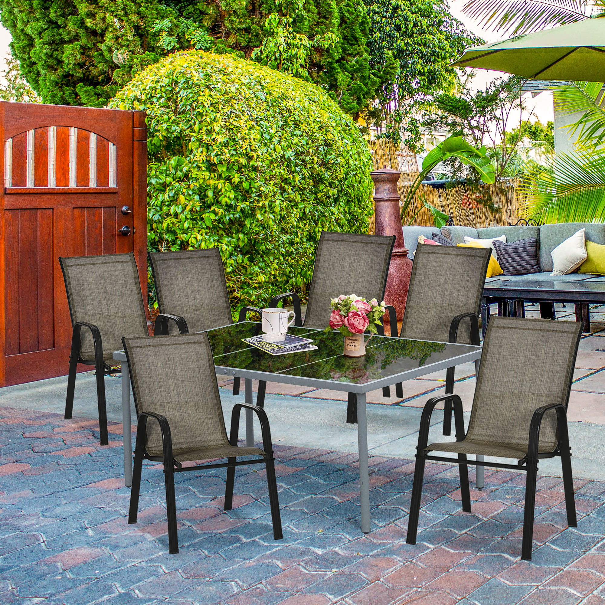  Set 6 Piese Scaune de Gradina cu Cotiere, Scaune de Exterior Stivuibile din Metal si Tesatura Respirabila, Maro [7]