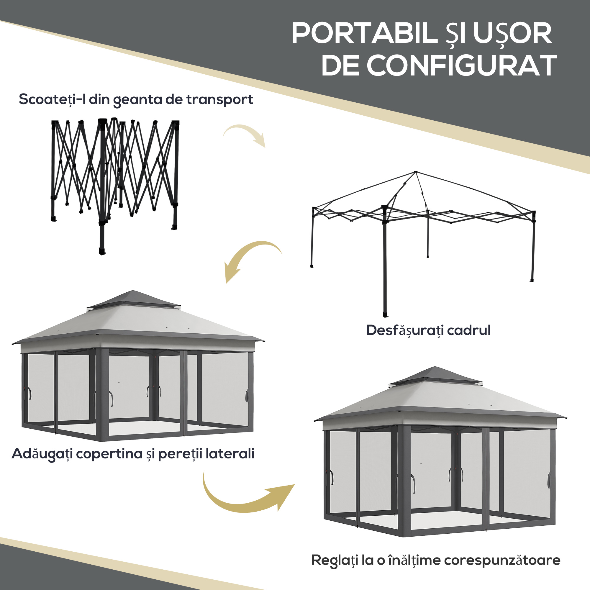  Foisor Pop Up Reglabil in inaltime cu Plasa si Geanta de Transport, 326x326x272 cm, Bej [3]