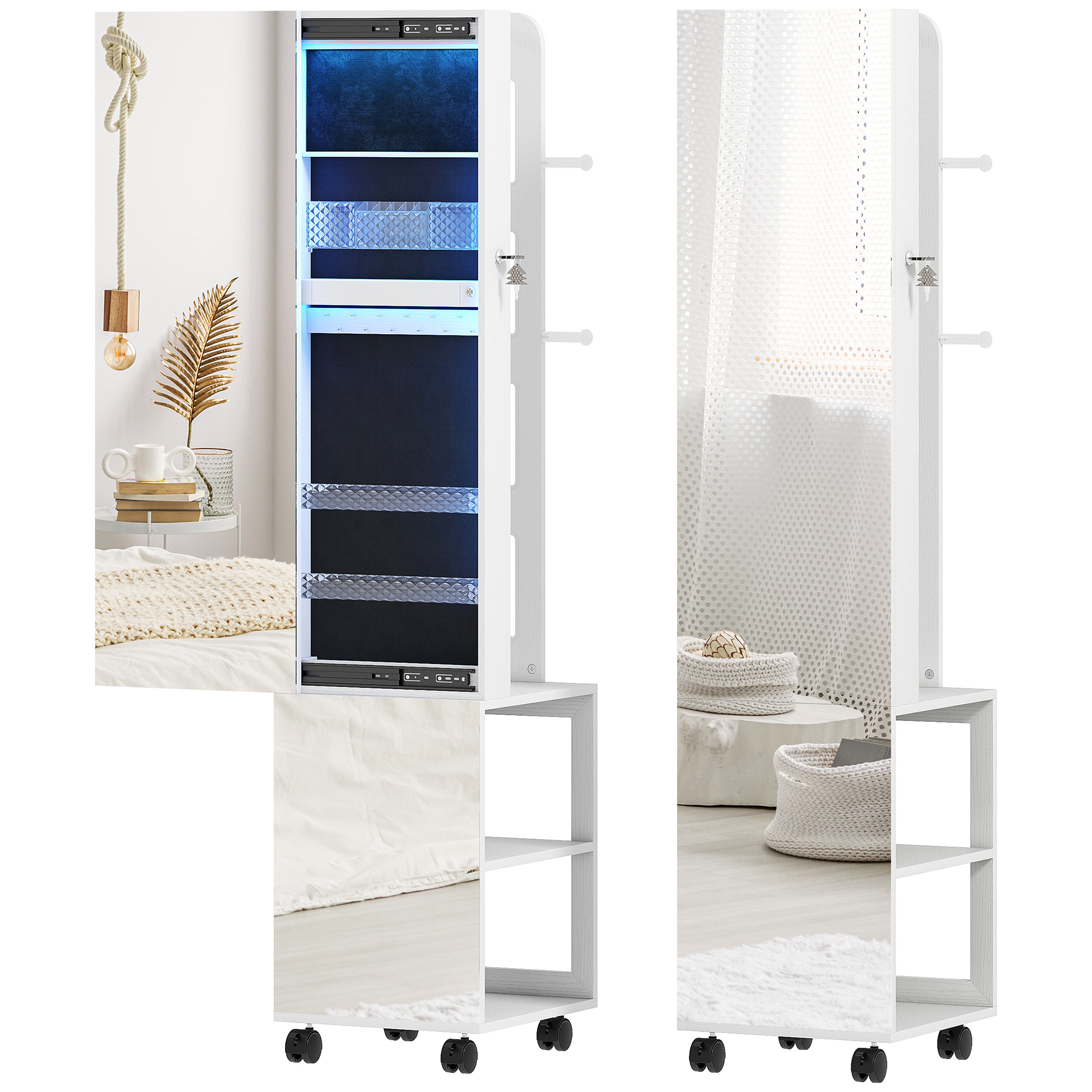 Dormitor & birou -  Dulap pentru Bijuterii cu Oglinda Rotativa 360°, Lumina LED Reglabila, incuietoare si Rafturi, 37x40x165,5 cm, Negru