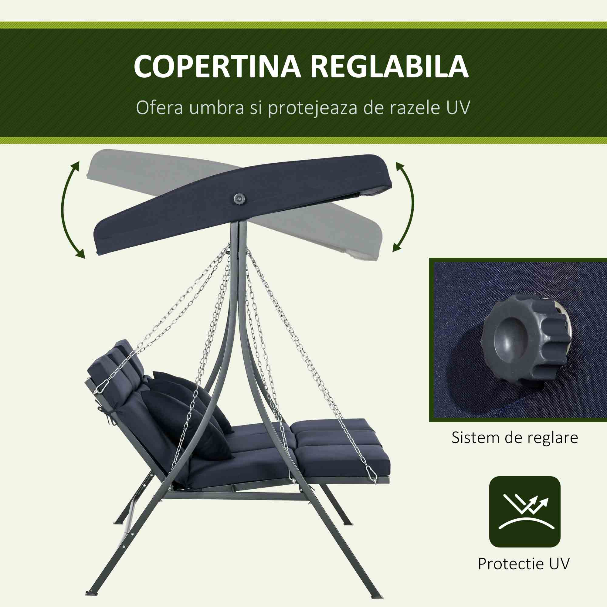  Balansoar de Gradina cu 3 Locuri, Copertina Reglabila si 3 Perne, 198x118x168 cm, Albastru [3]