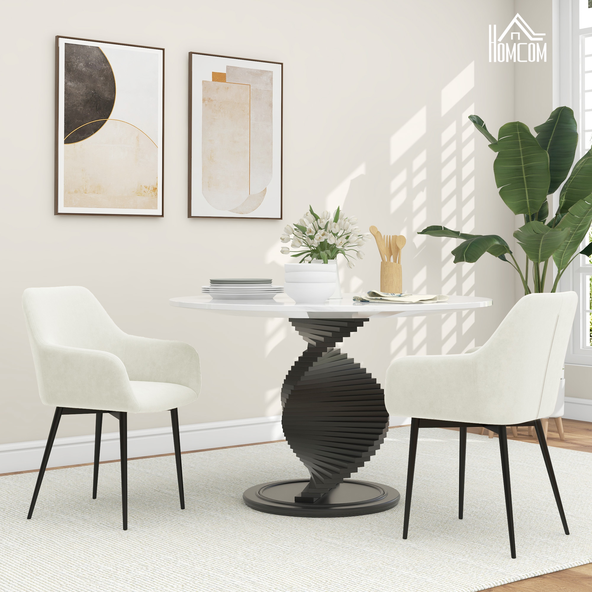  Set 2 Scaune de Dining Tapitate in Stil Nordic cu Brate si Picioare din Otel, 54x57x80 cm, Alb Crem [1]