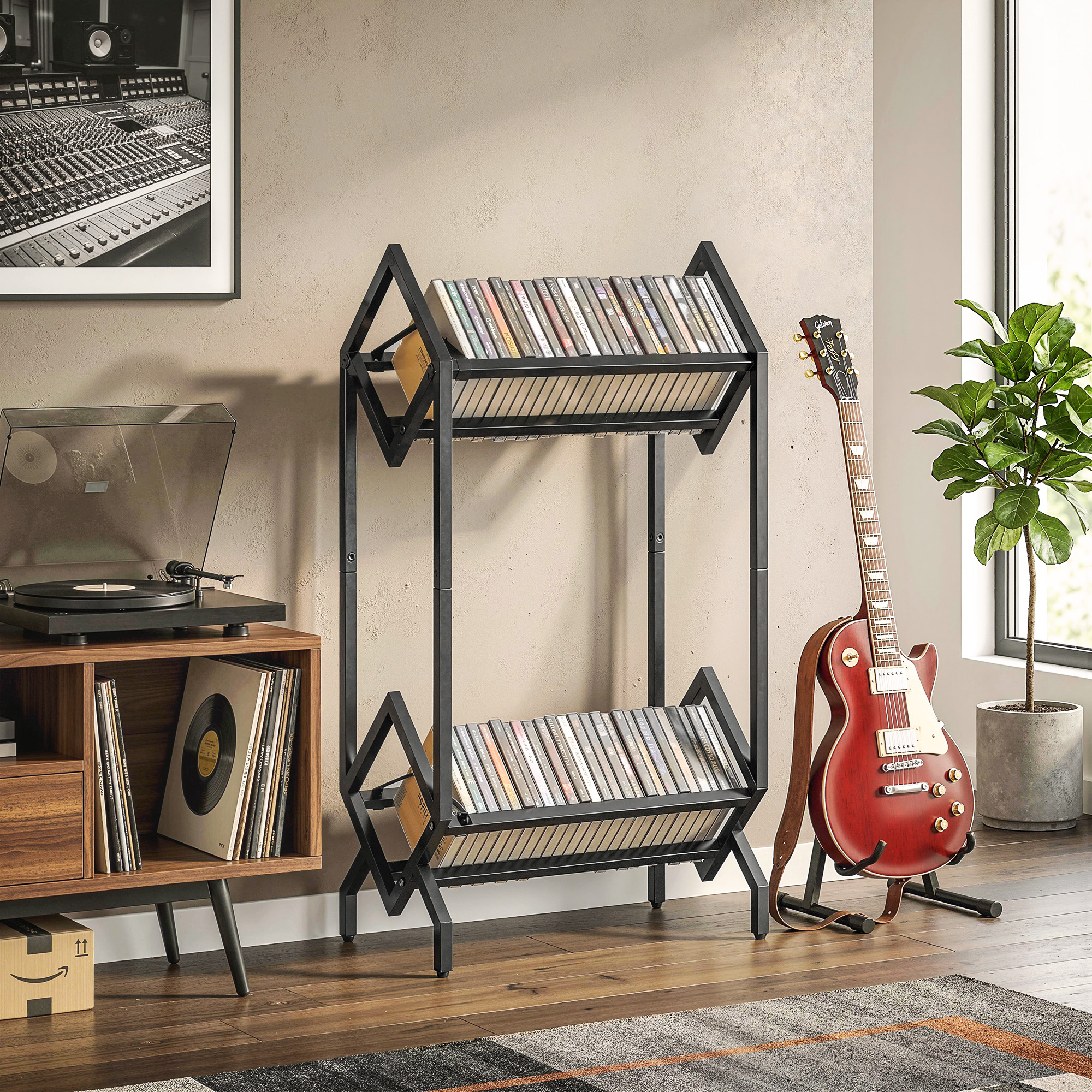  Organizator CD-uri pentru 50 CD-uri, Organizator Viniluri 2 Niveluri din Metal pentru DVD-uri, Carti, Albume, Negru [7]