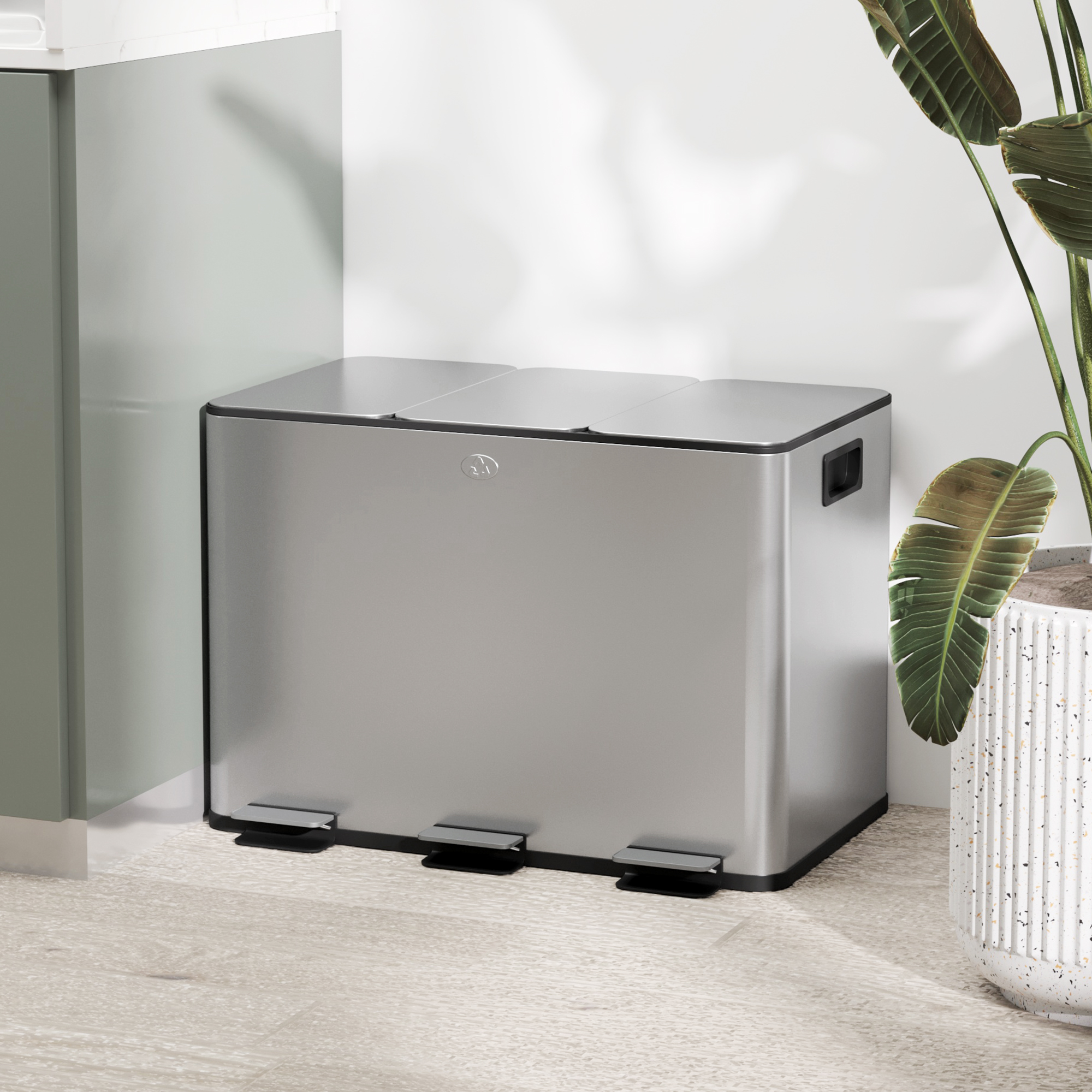  Cos de Gunoi cu 3 Compartimente 10L pentru Bucatarie, Cu Pedale si Capace cu inchidere Silentioasa, Otel Inoxidabil si PP, 49.6x34.5x38.6 cm, Argintiu [1]