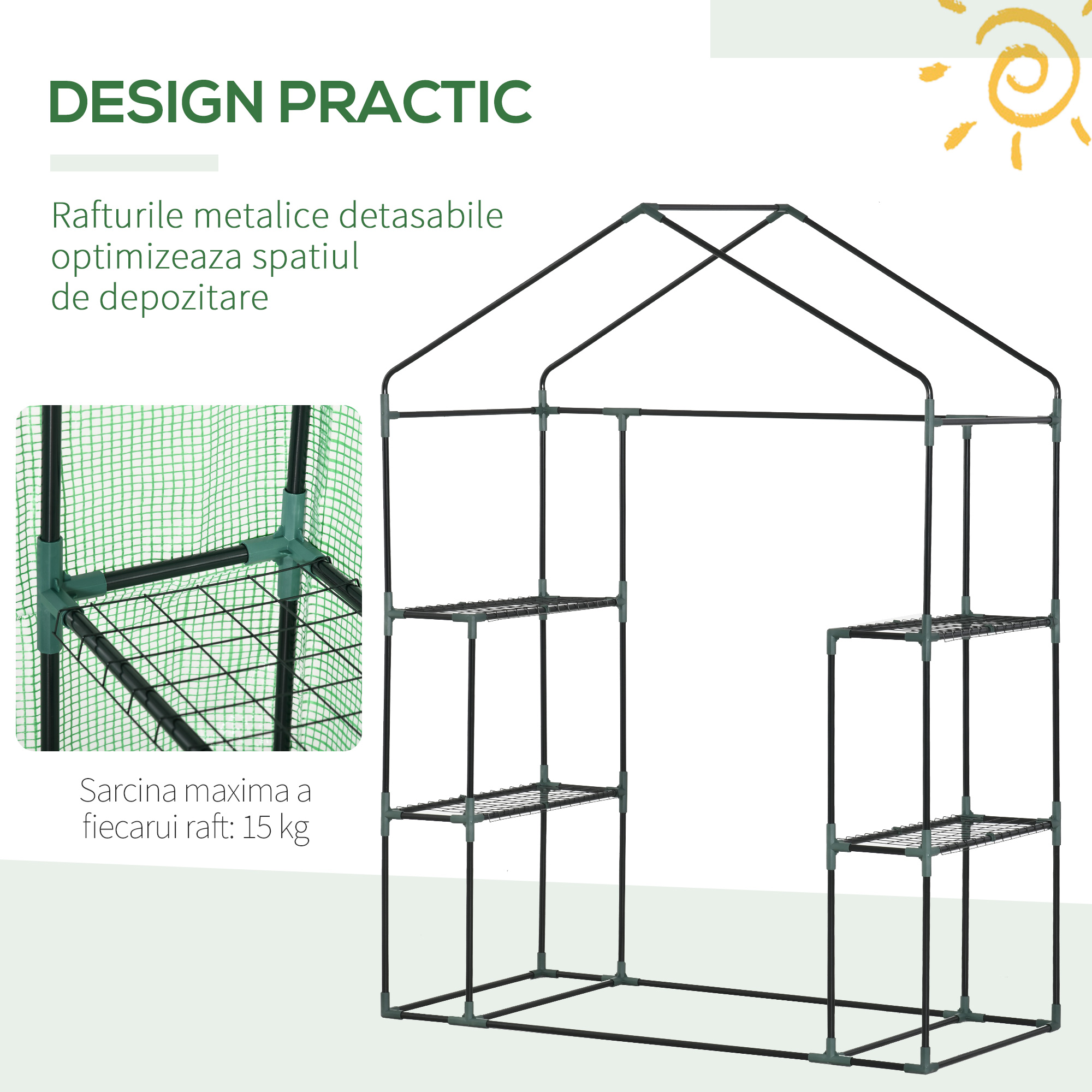  Sera de Gradina din Otel si Plastic PE cu 4 Rafturi, Franghii si Tarusi  Inclusi, 141x72x191 cm, Verde [6]