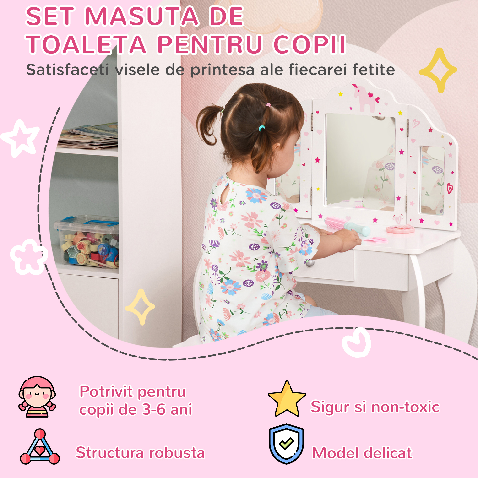  Set Masuta Machiaj Copii - Oglinda Rotativa + Taburet [3]