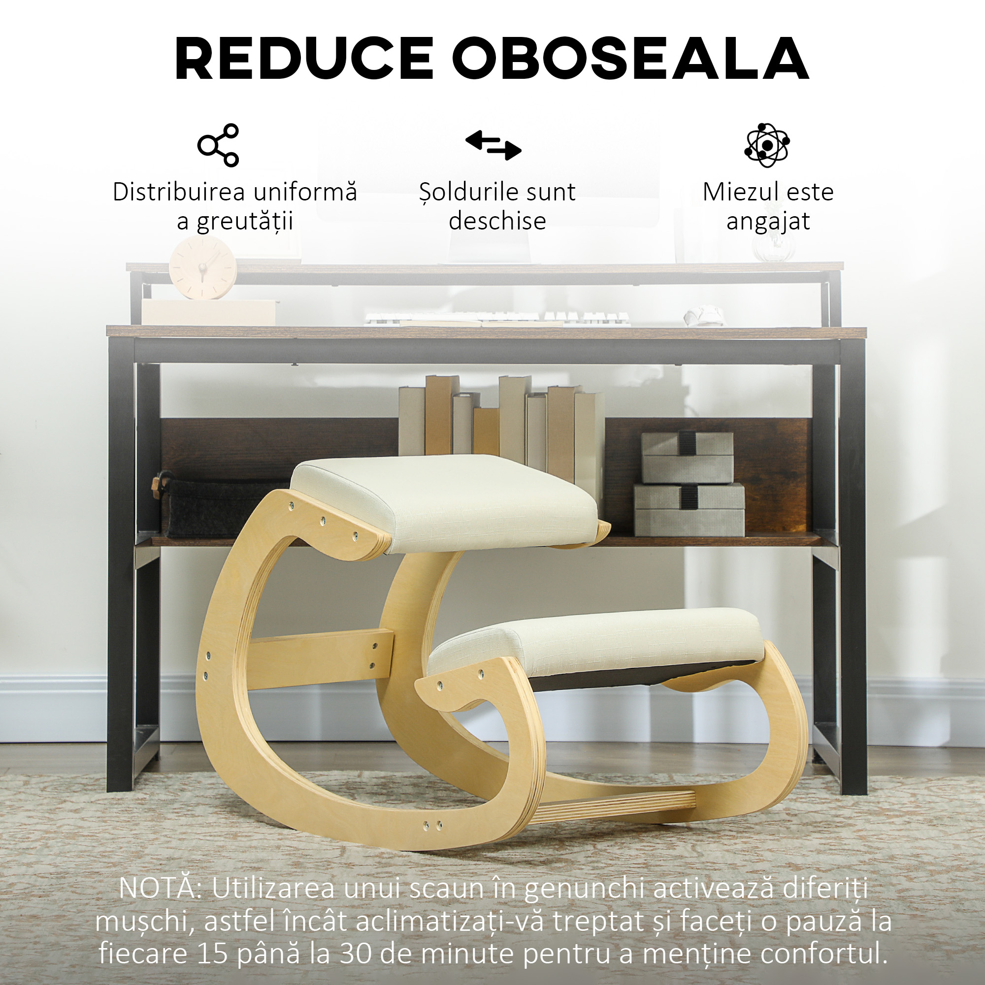  Scaun pentru Genunchi cu Miscare de Leganare, Scaun Ergonomic Postural din Material Textil, 55x85x55 cm, Alb Crem [5]