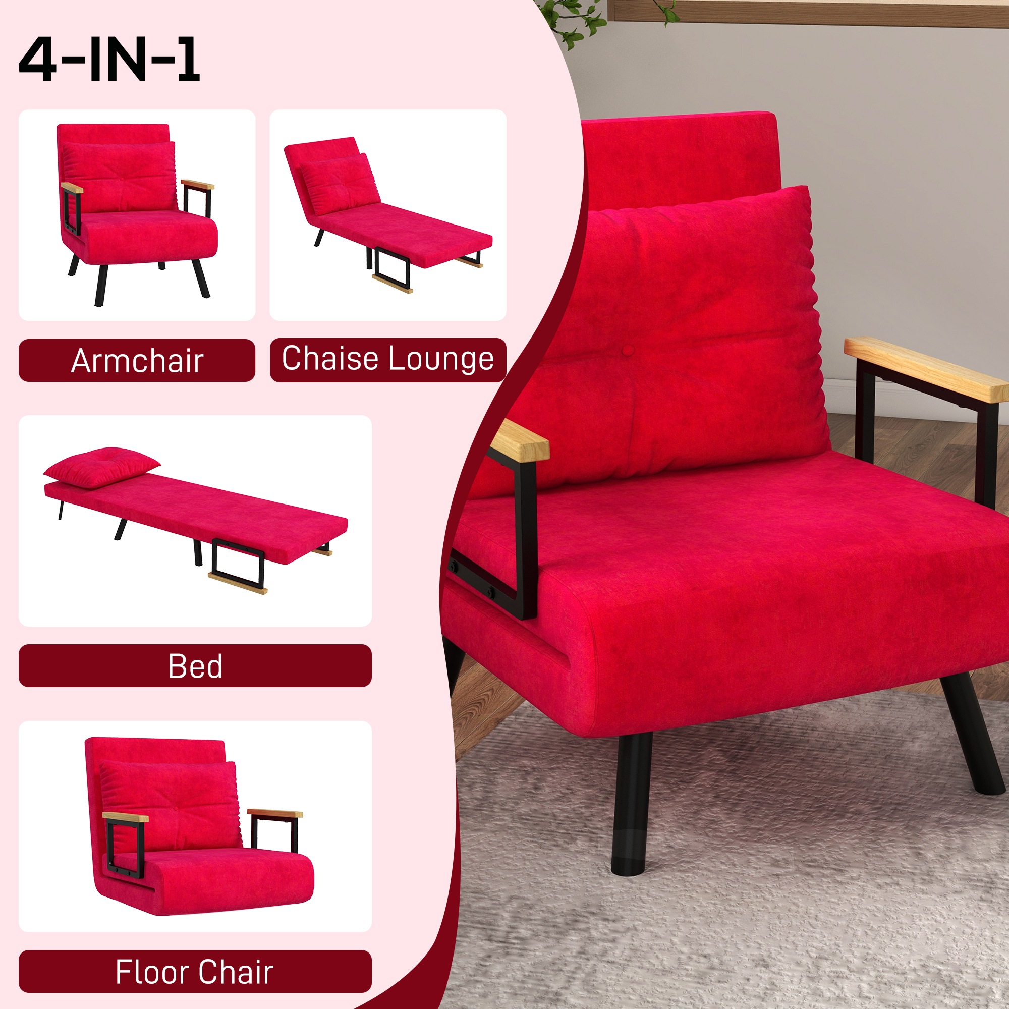  Fotoliu Pat 3 in 1 cu Spatar Rabatabil si Perna, din Material Catifelat, 63x73x81 cm, Rosu [3]