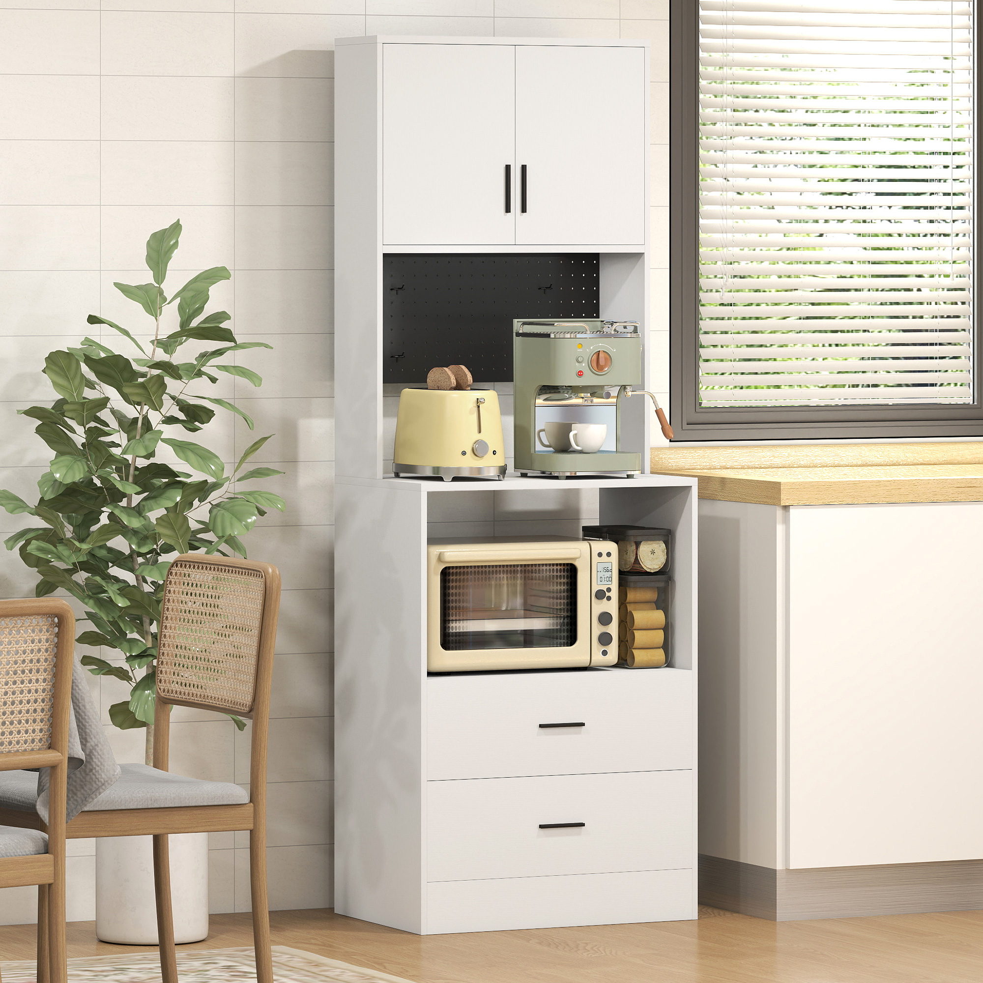  Dulap pentru Microunde cu Dulap, Blat de Lucru, Mobila de Bucatarie cu 2 Sertare, Panou Metalic, 4 Carlige, Raft Reglabil pentru Bucatarie, Sala de Masa, Living, Alb [1]