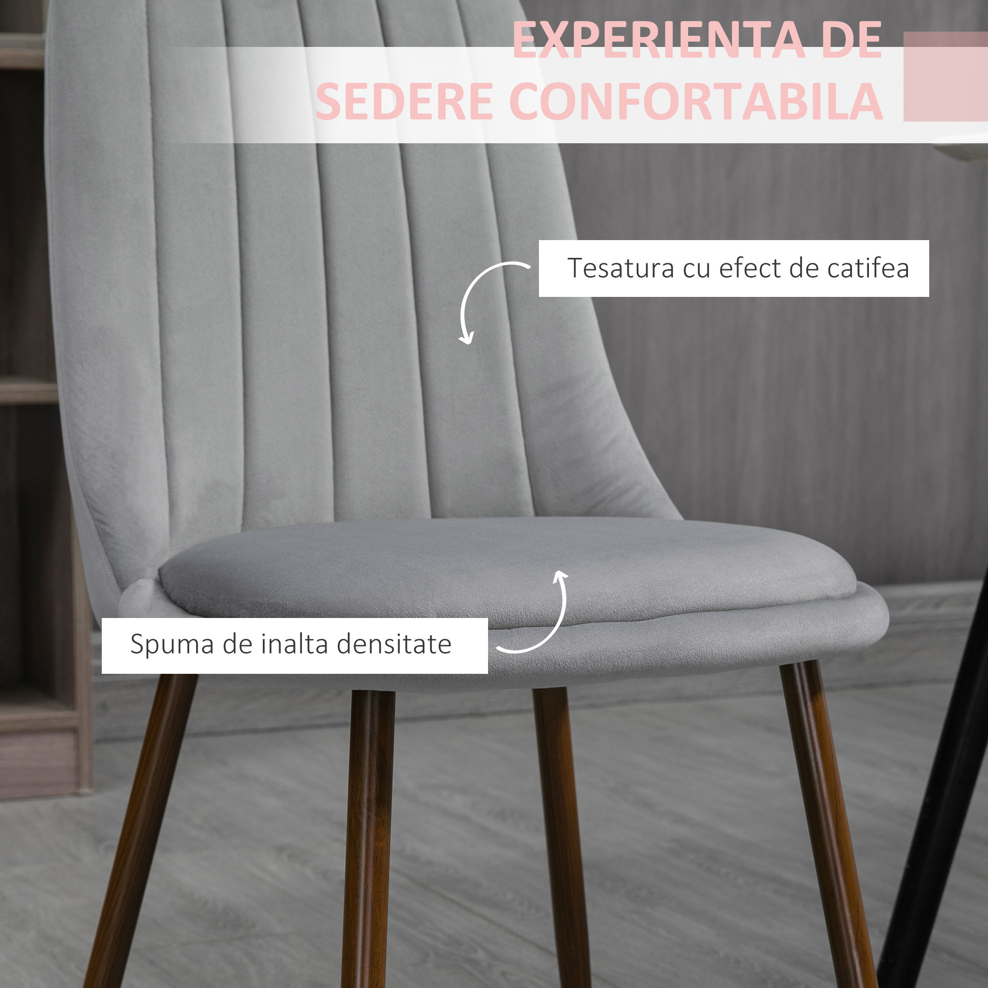  Set de 4 Scaune de Masa, Scaun de Bucatarie Modern cu Tapiterie din Catifea, Spatar Curbat si Picior din Otel pentru Camera de Zi, Dormitor, Gri [4]