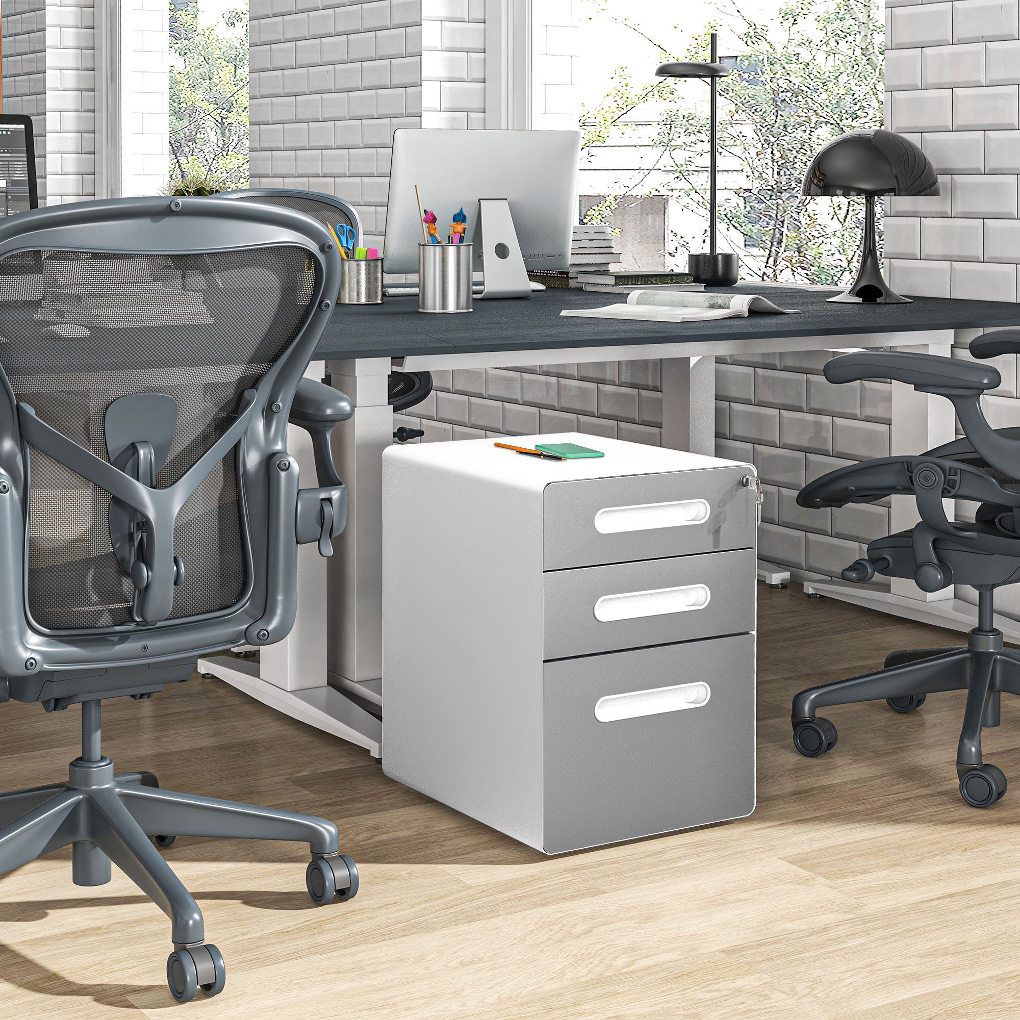  Comoda de Birou cu 3 Sertare cu incuietoare si Rotile pentru Documente, 39x48x59 cm, Gri Deschis [1]