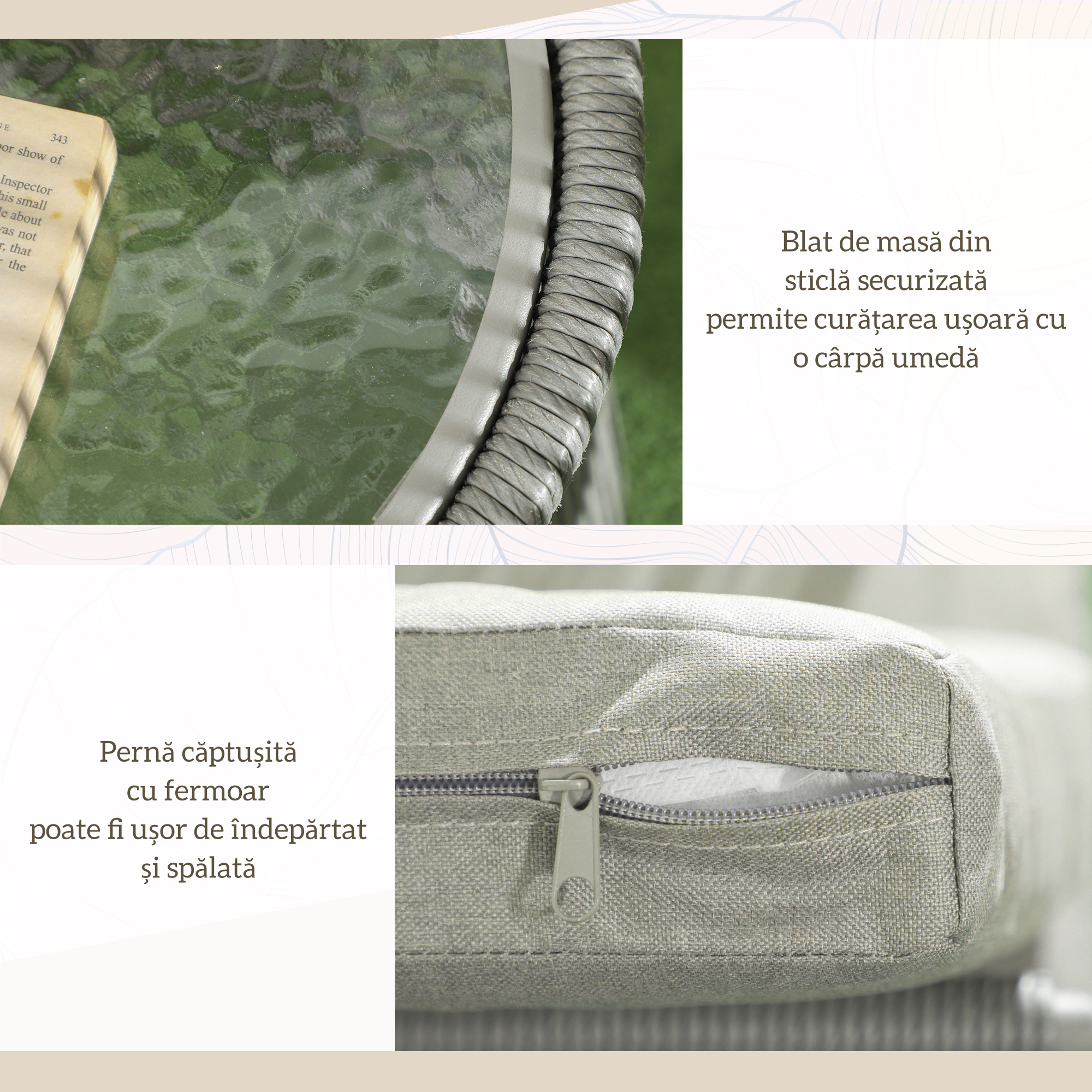  Set Mobilier de Gradina cu 2 Scaune si Masuta de Cafea cu Blat din Sticla, Ø49x47 cm, Gri [4]