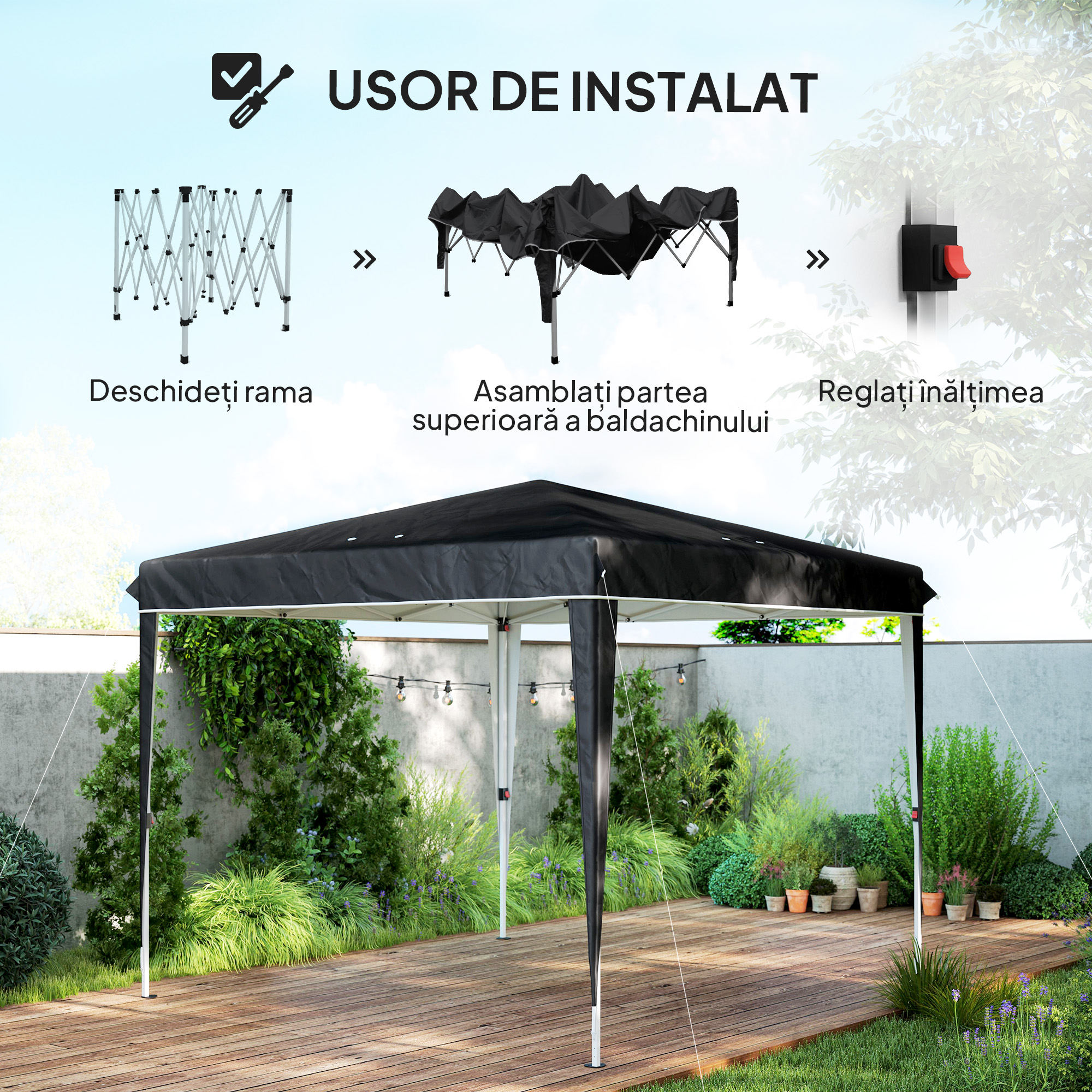  Pavilion Pliabil cu inaltime Reglabila si Geanta de Transport, 300x300x273 cm, Negru [3]