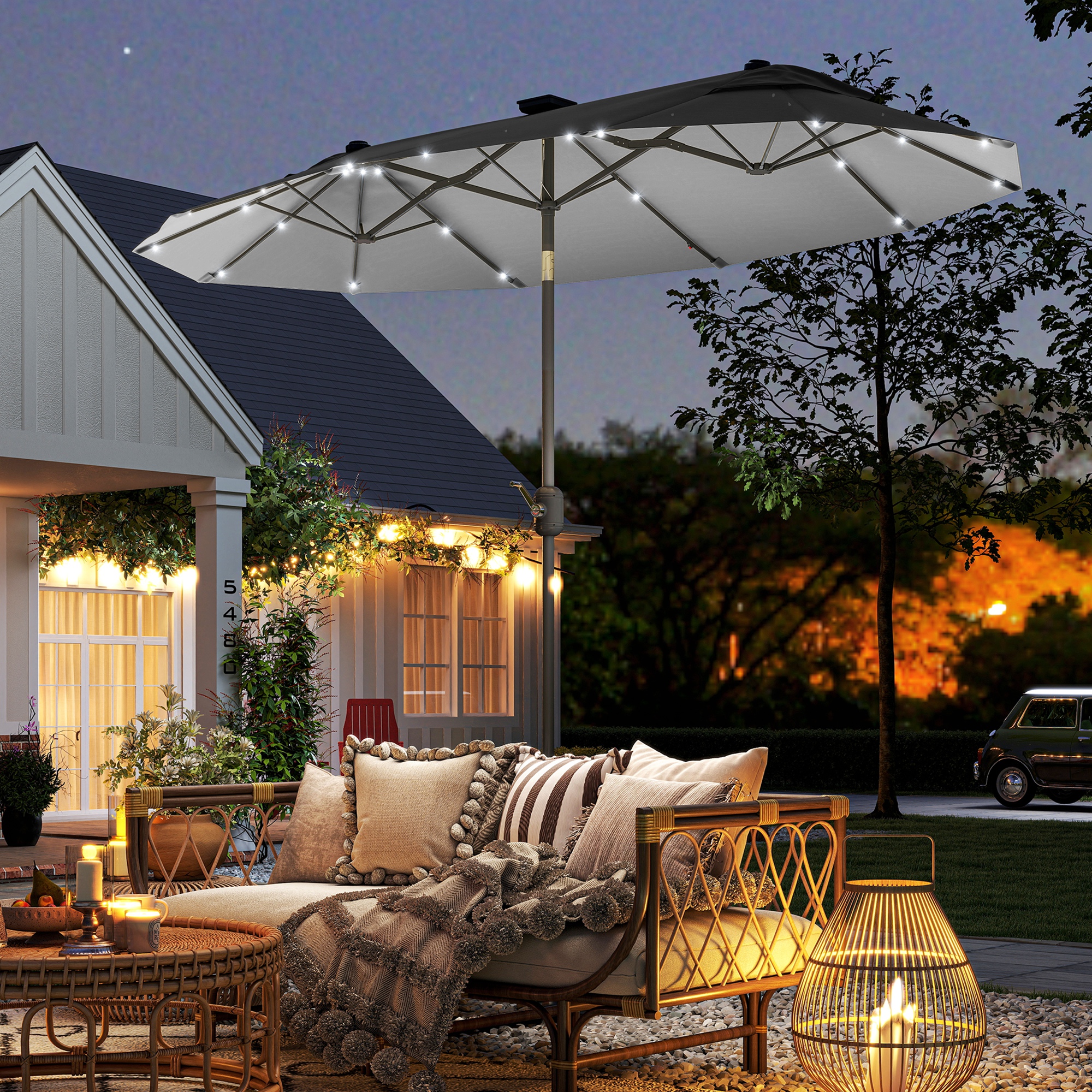  Umbrela dubla cu baza in forma de cruce si lumini solare, 295x150x219cm, gri [1]