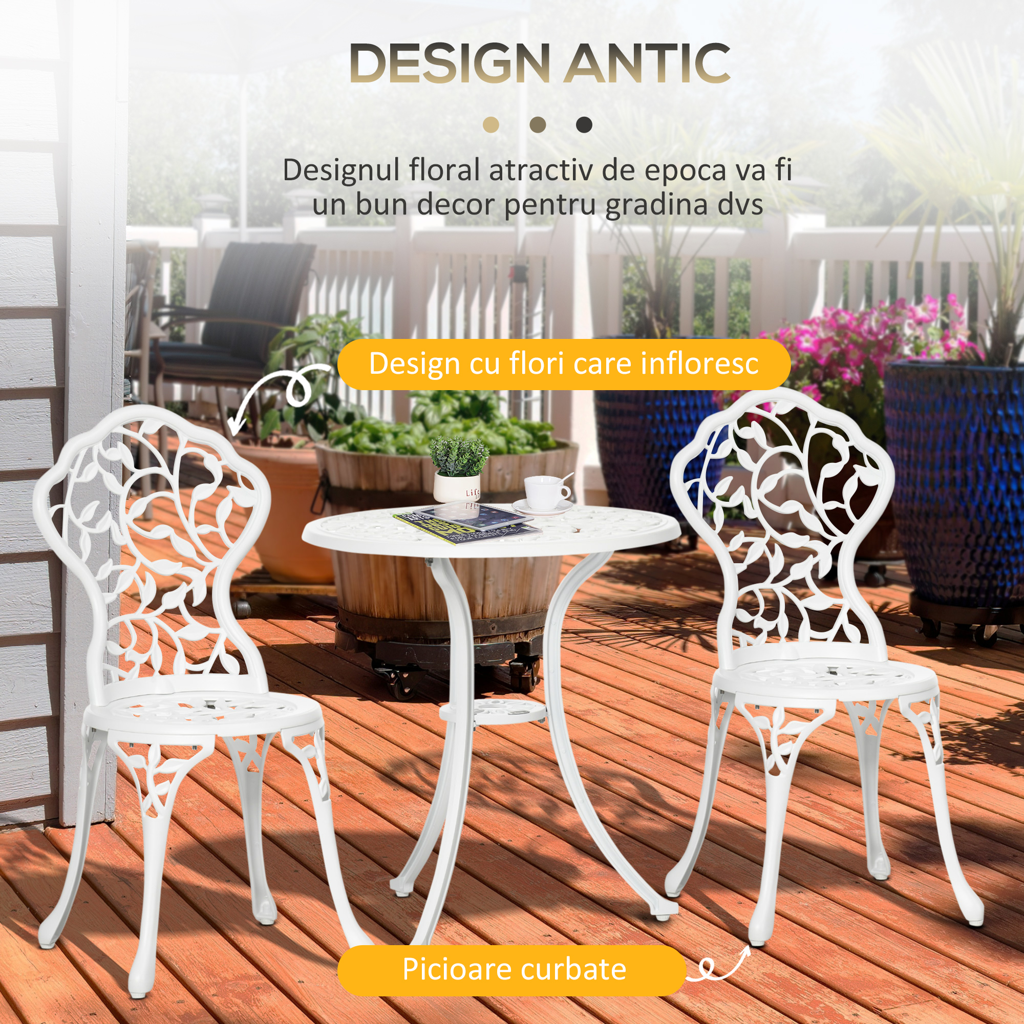  Set pentru gradina 3 bucati din aluminiu alb cu design floral, 2 scaune pentru exterior 45x42x85.5 cm si masa rotunda Ø61x66.5 cm [3]