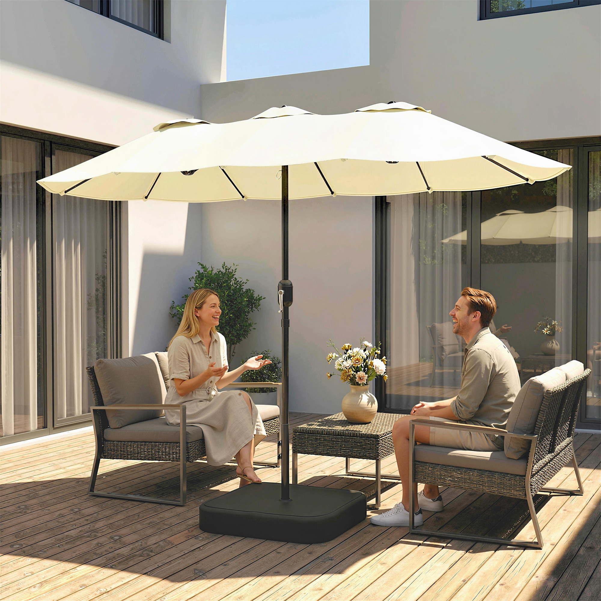  Umbrela Dubla cu 12 Spite, Manivela, Baza in Forma de Cruce si Saci, din Metal si Poliester, 3x1.5 m, Bej [8]