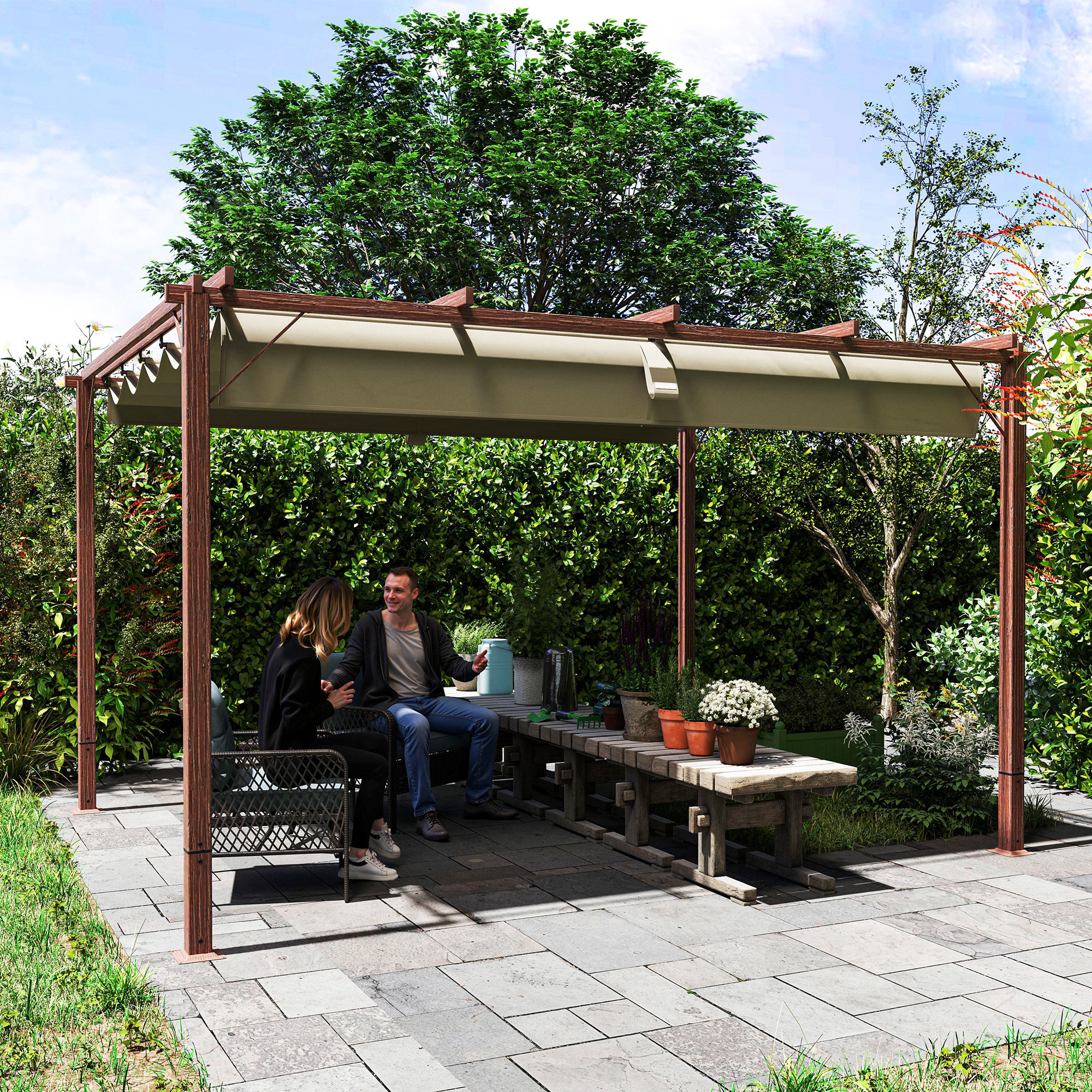  Pergola de Gradina cu Acoperis Retractabil si Cadru din Aluminiu cu Aspect de Lemn, 382x300x232 cm, Lemn Natural [6]