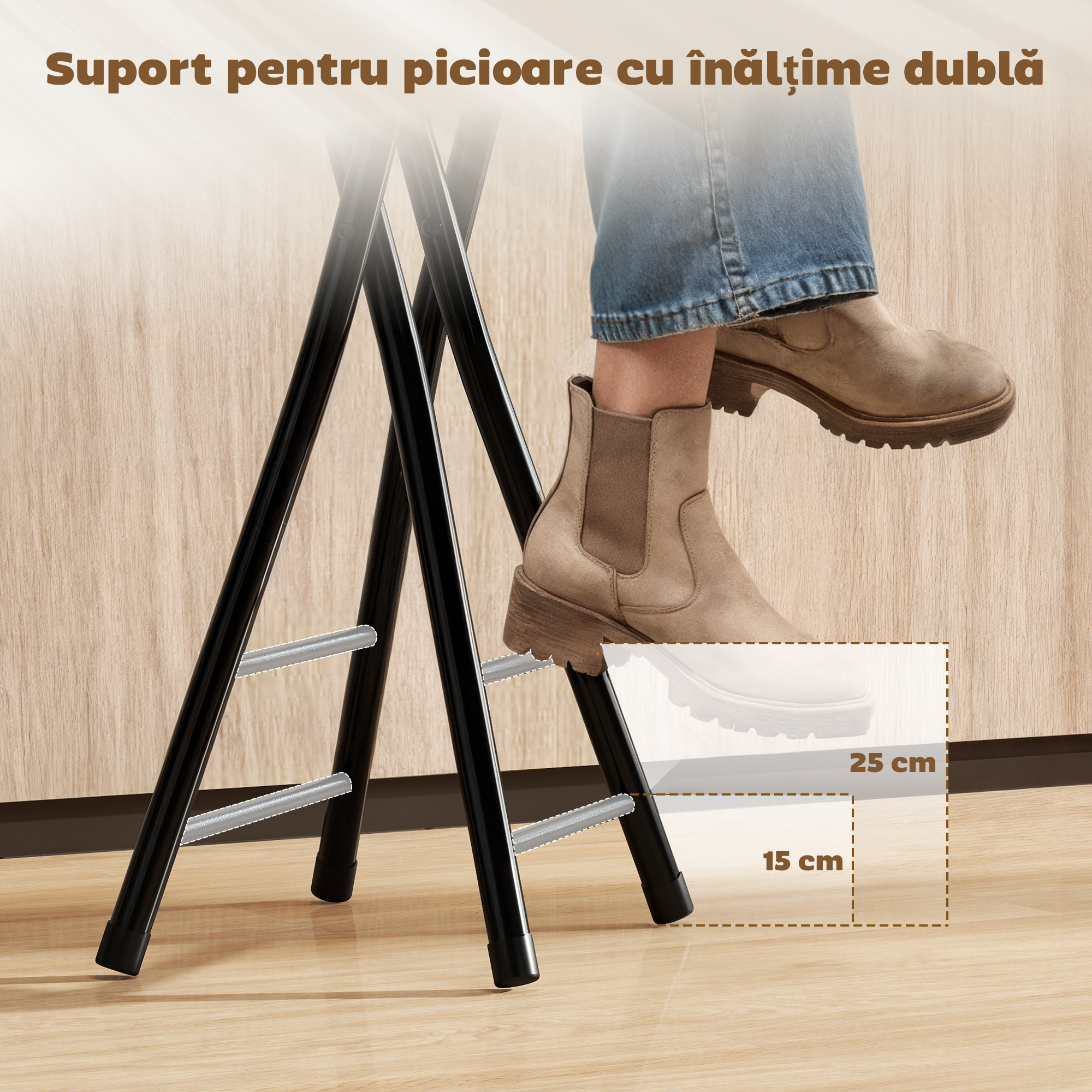  Set 2 Scaune de Bar Pliabile cu Suport Dublu pentru Picioare, din Lemn si Otel, 34x30x70 cm, Negru [6]