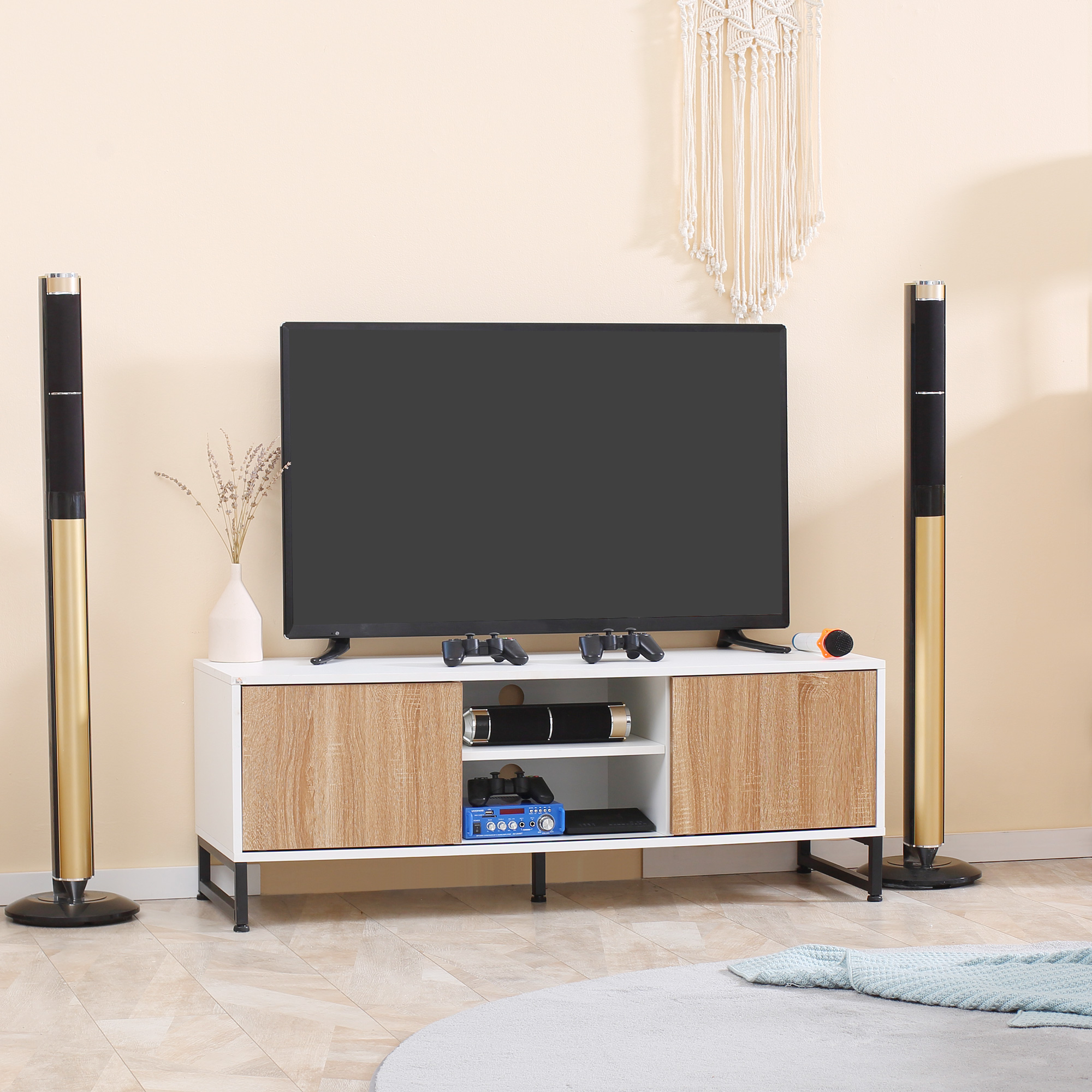  Suport TV pentru modele de pana la 50" Max, PAL modern si suport TV din otel cu 2 rafturi deschise si 2 dulapuri inchise, 120x39,5x45cm [1]