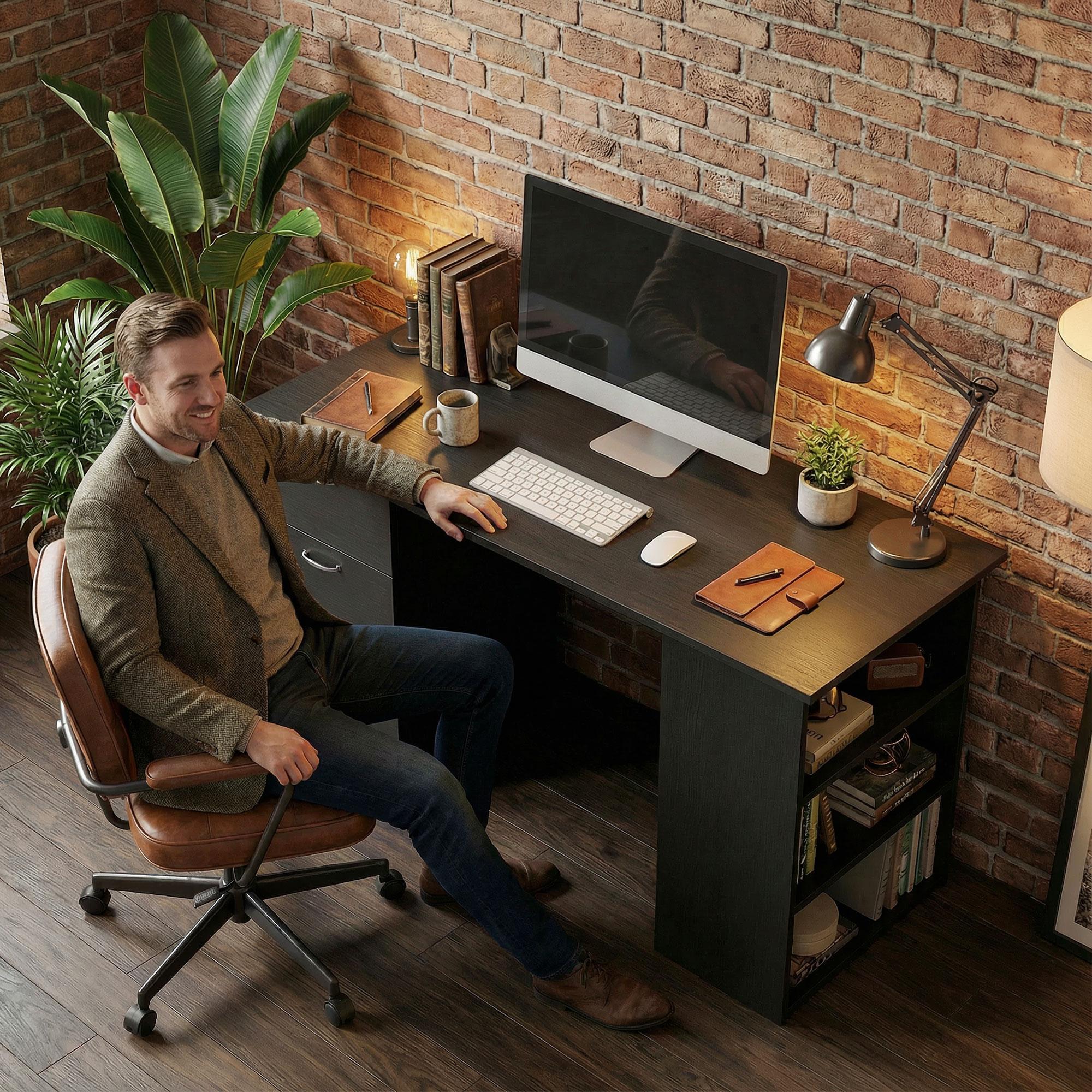  Birou PC cu 3 rafturi si 3 sertare pentru camera si birou, din lemn MDF, 120x49x72 cm, negru [8]