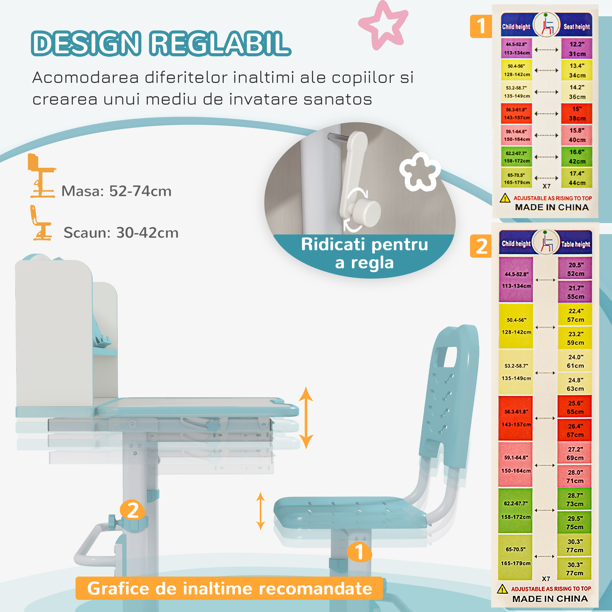  Set Birou si Scaun pentru Copii Reglabil in Inaltime Birou de Studiu pentru Copii pentru Scoala cu Sertar Raft pentru Carti Masa cu Unghi Reglabil [5]