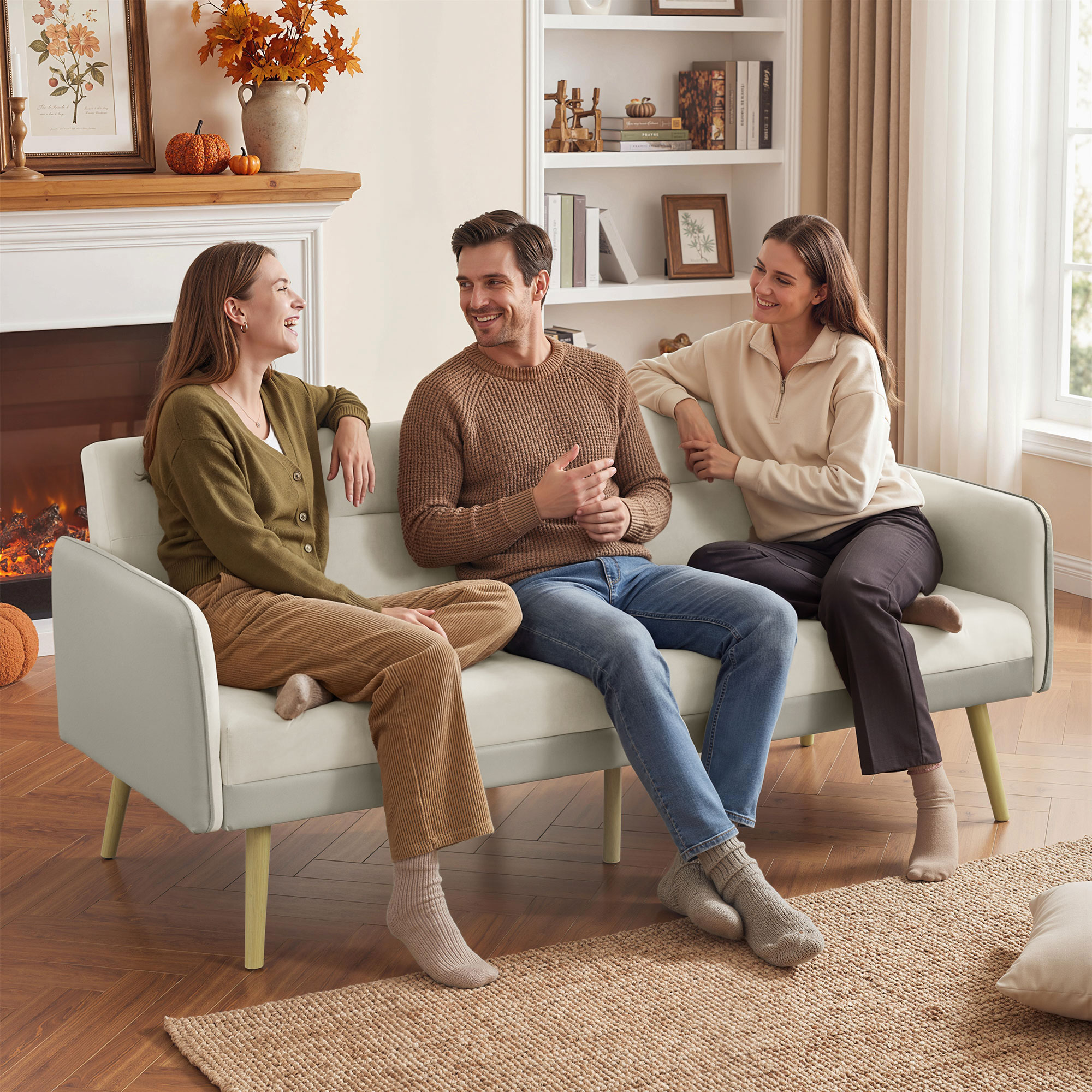  Canapea extensibila 3 locuri cu spatar rabatabil si tapiterie cu efect de catifea, 185x84x83 cm, bej [8]