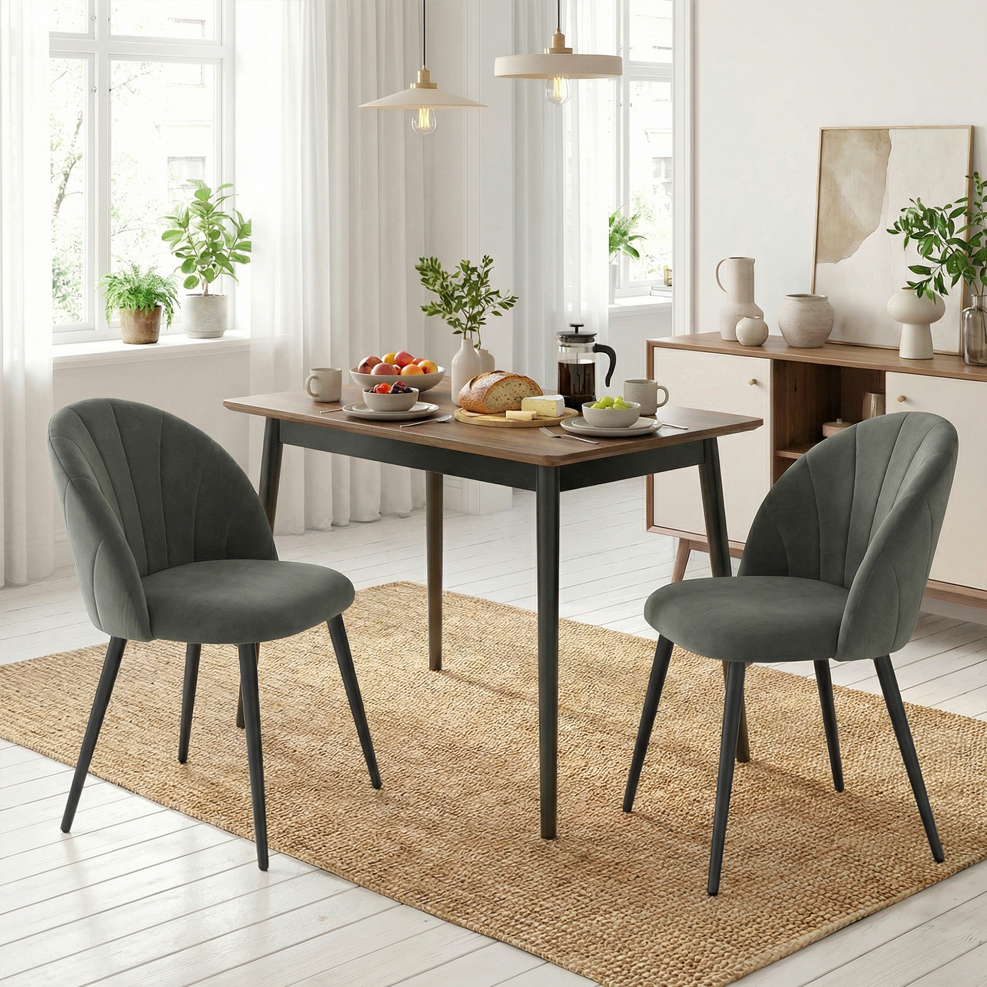  Set 2 Scaune de Sufragerie Tapitate cu Spatar Tip Scoica din Catifea, 52x55x79 cm, Gri [1]